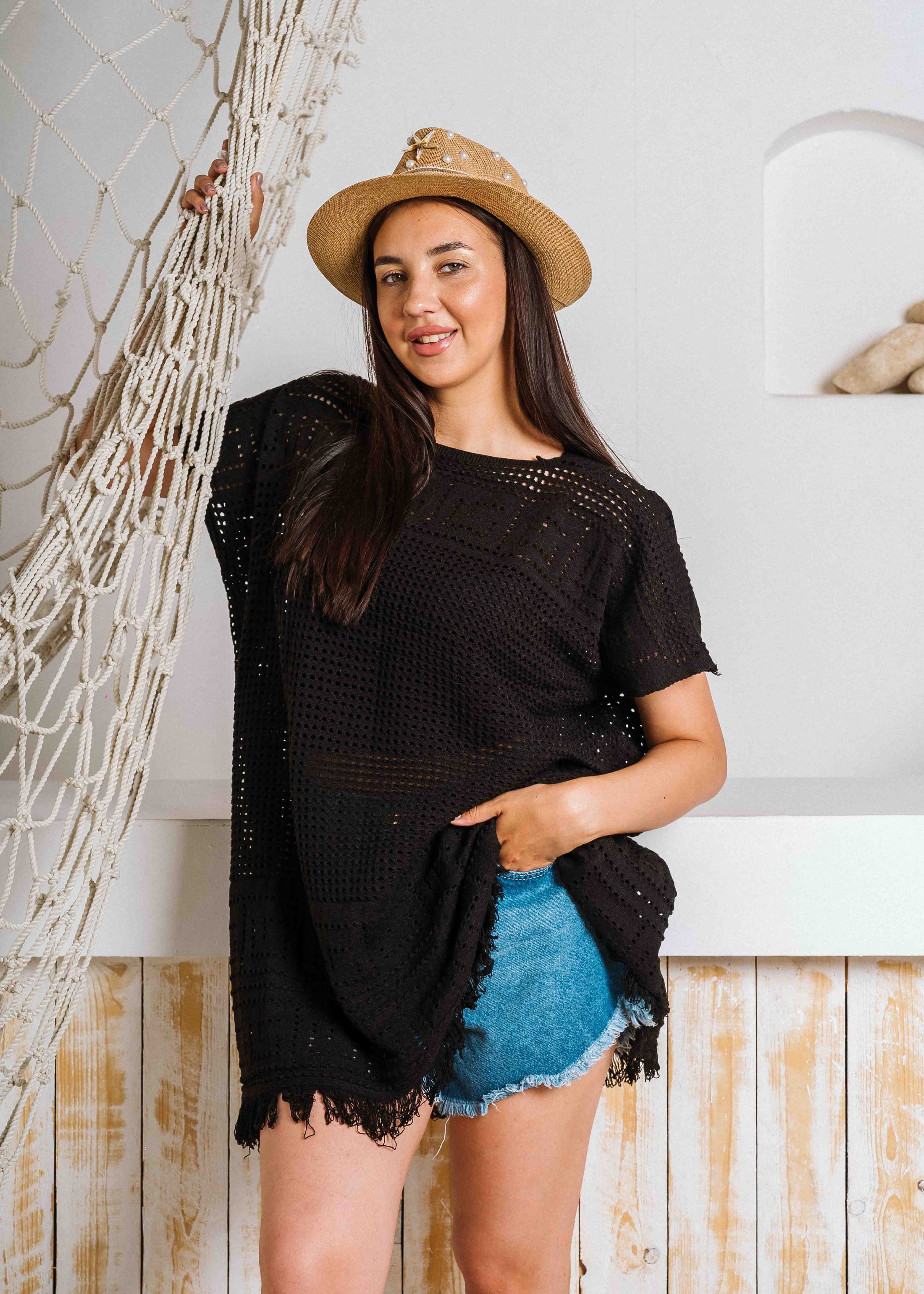 Summer Crochet Kaftan Short Dress - black