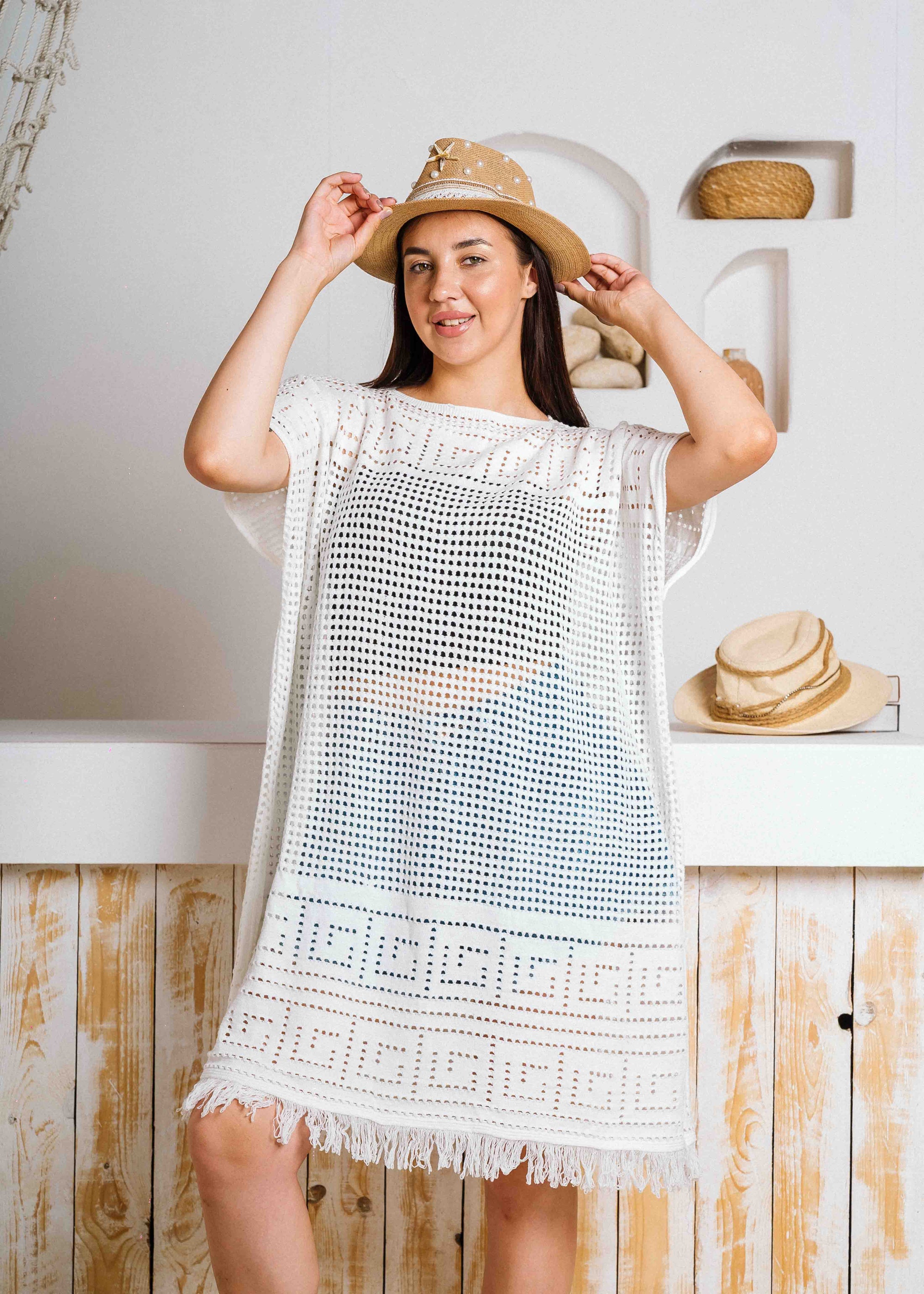 Summer Crochet Kaftan Short Dress - white