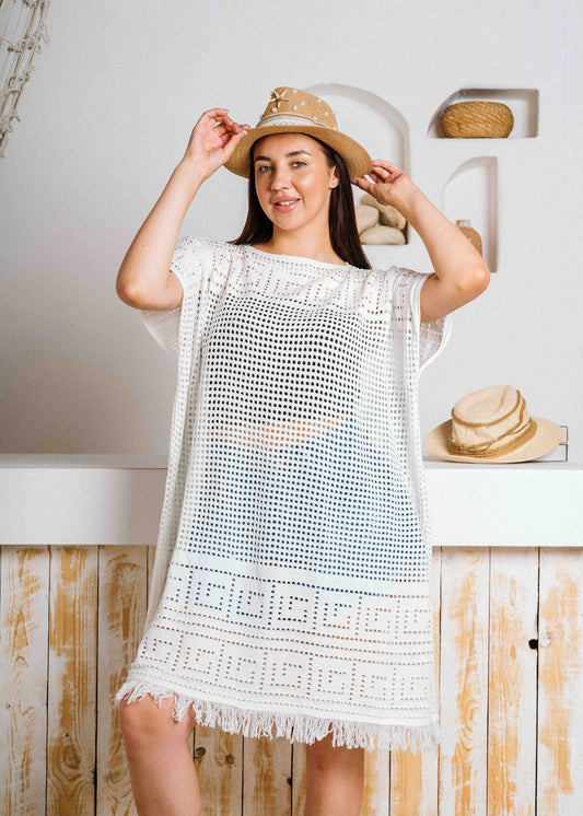 Summer Crochet Kaftan Short Dress - white