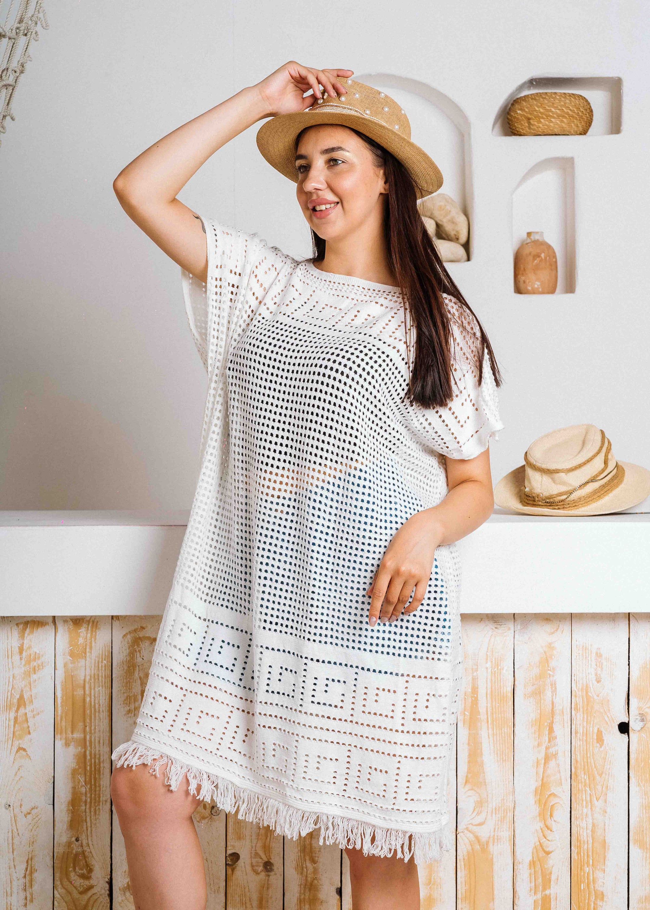 Summer Crochet Kaftan Short Dress - white