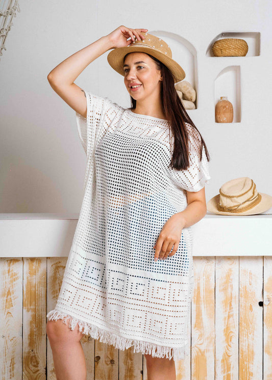 Summer Crochet Kaftan Short Dress - white