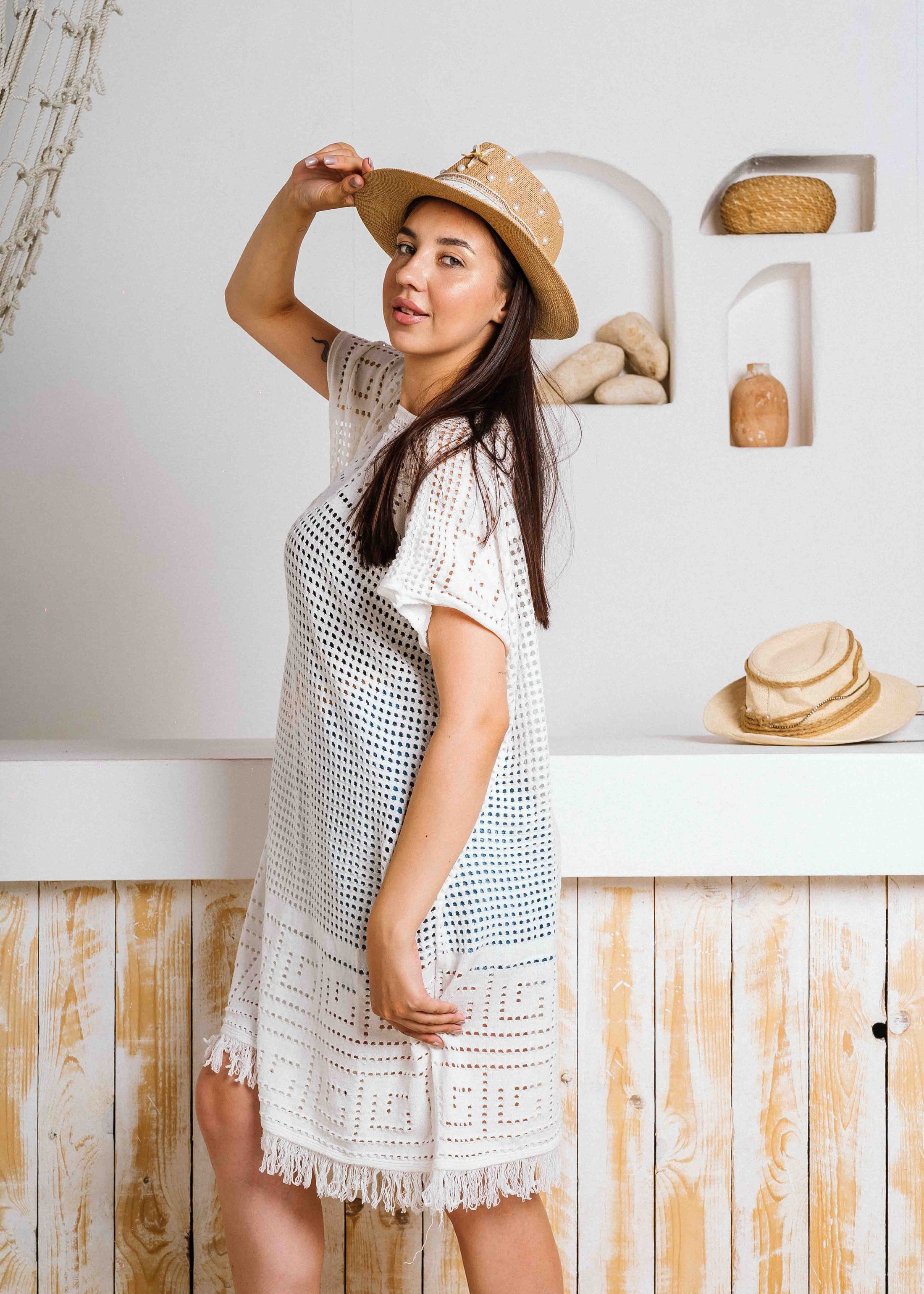 Summer Crochet Kaftan Short Dress - white
