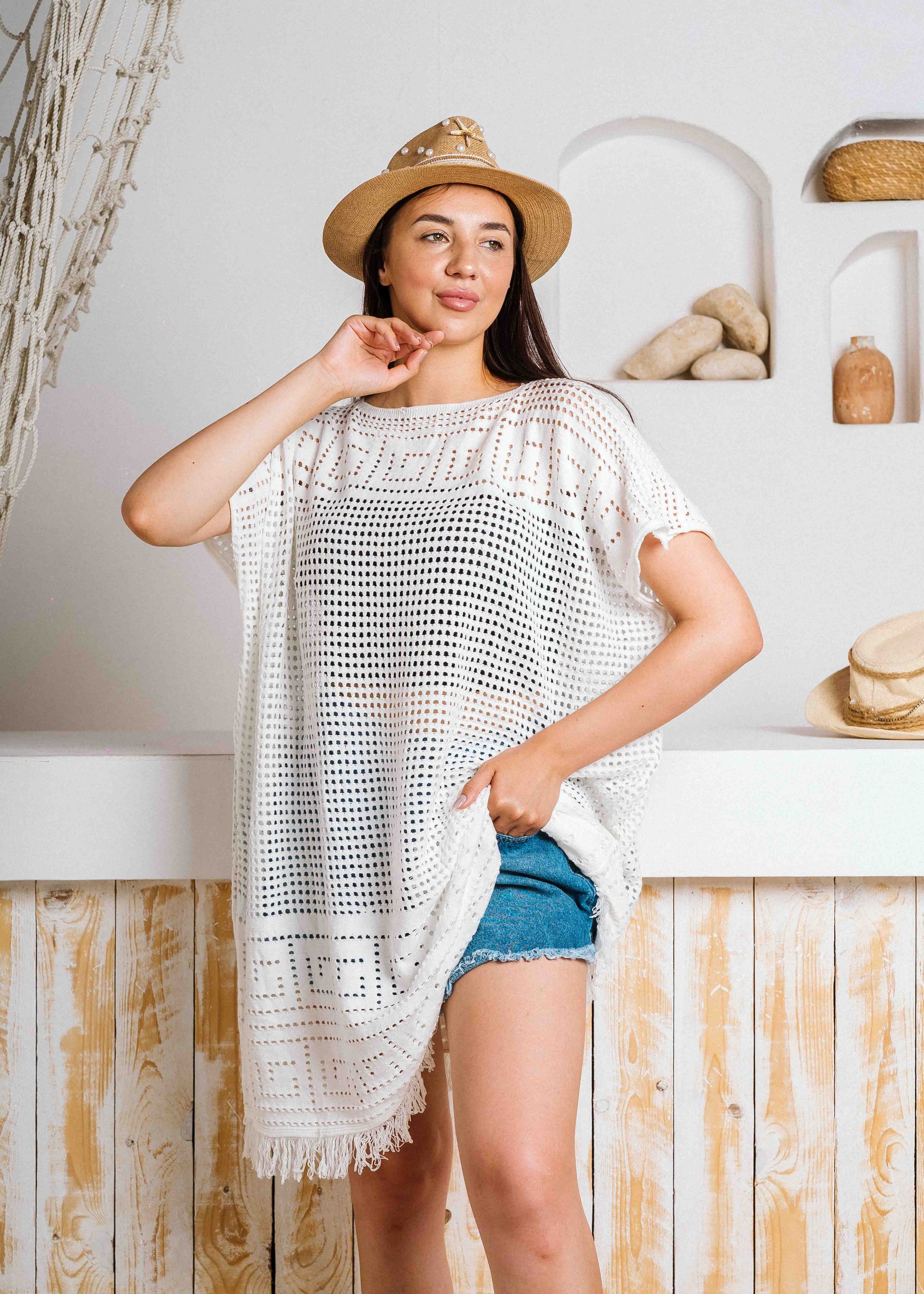 Summer Crochet Kaftan Short Dress - white
