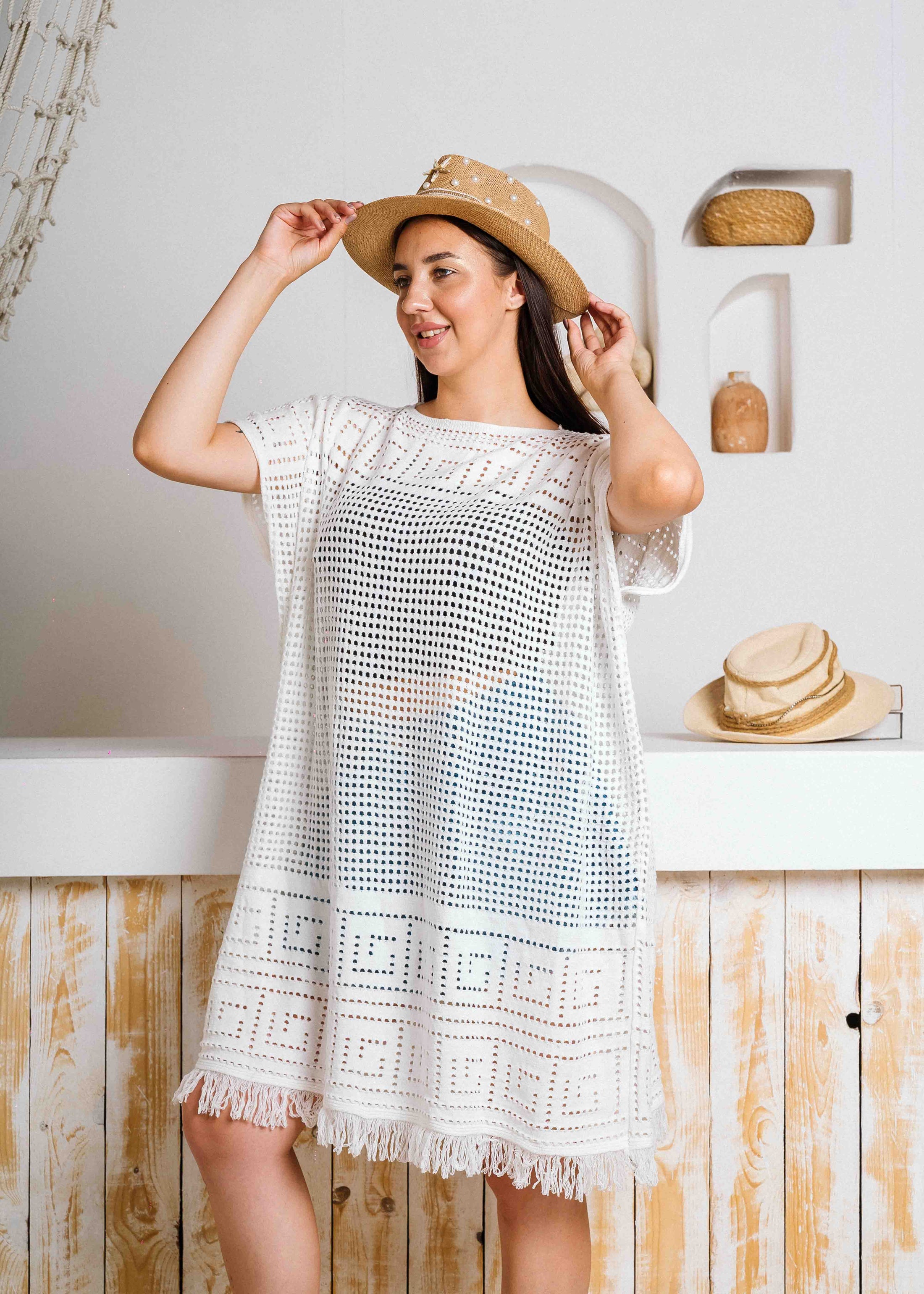 Summer Crochet Kaftan Short Dress - white