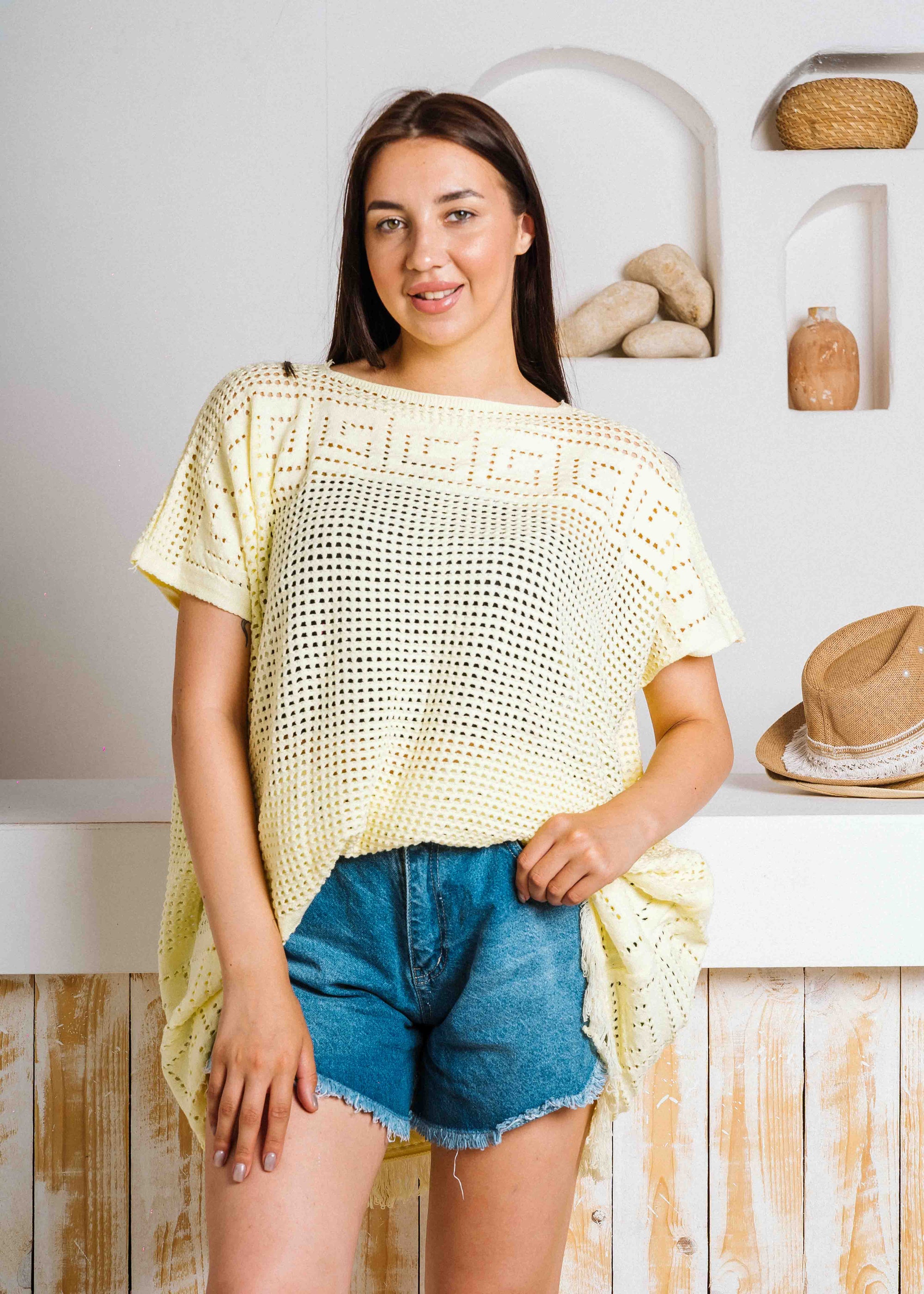 Summer Crochet Kaftan Short Dress - yellow