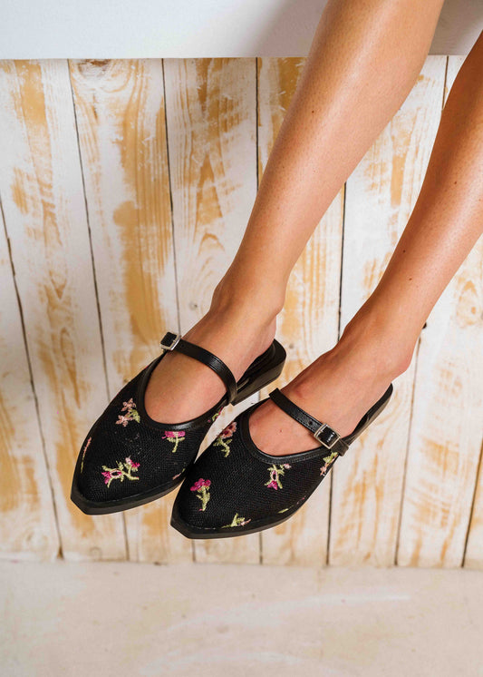 Vintage Floral Pointed Mules - black