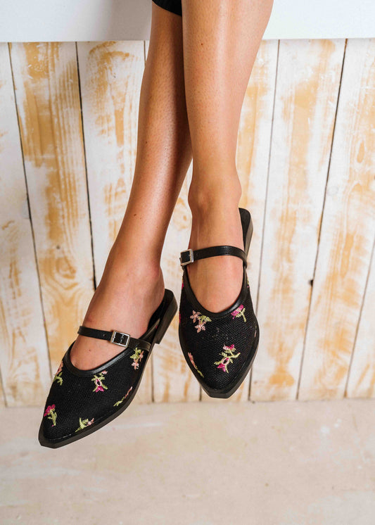 Vintage Floral Pointed Mules - black