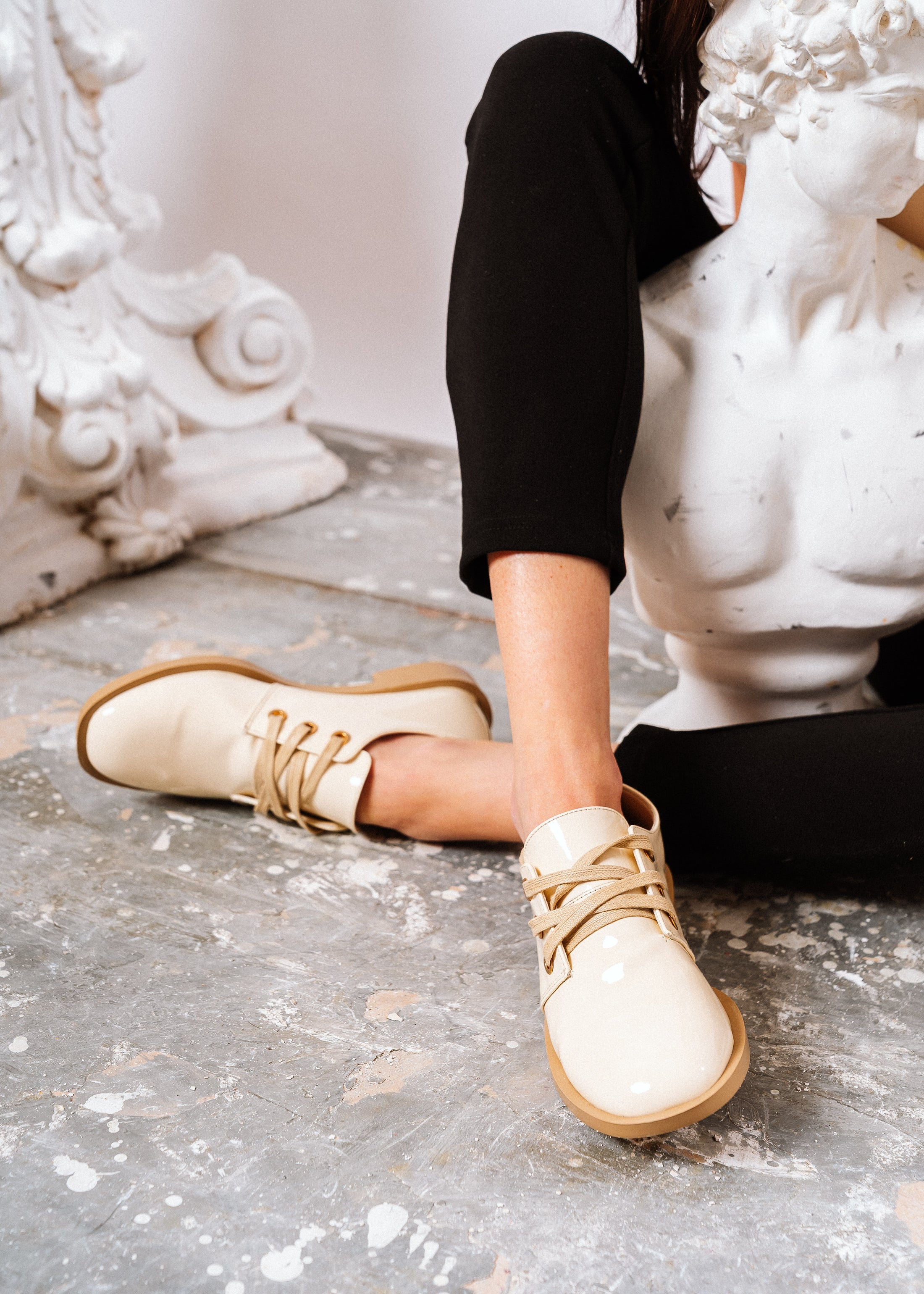 Classic High-Shine Flat Shoes - beige