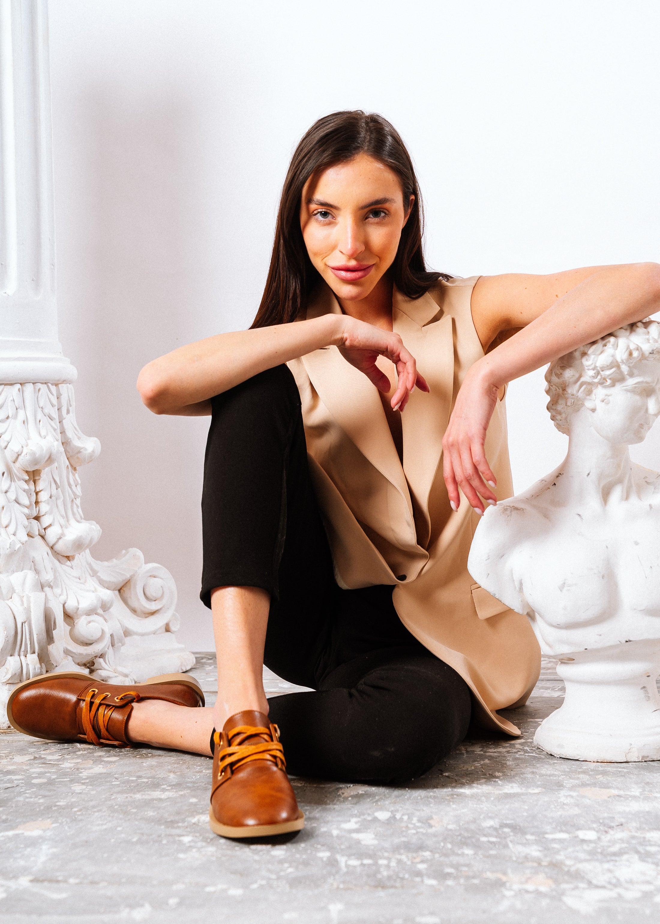 Glossy Alligator Effect Lace-Up Flat - camel