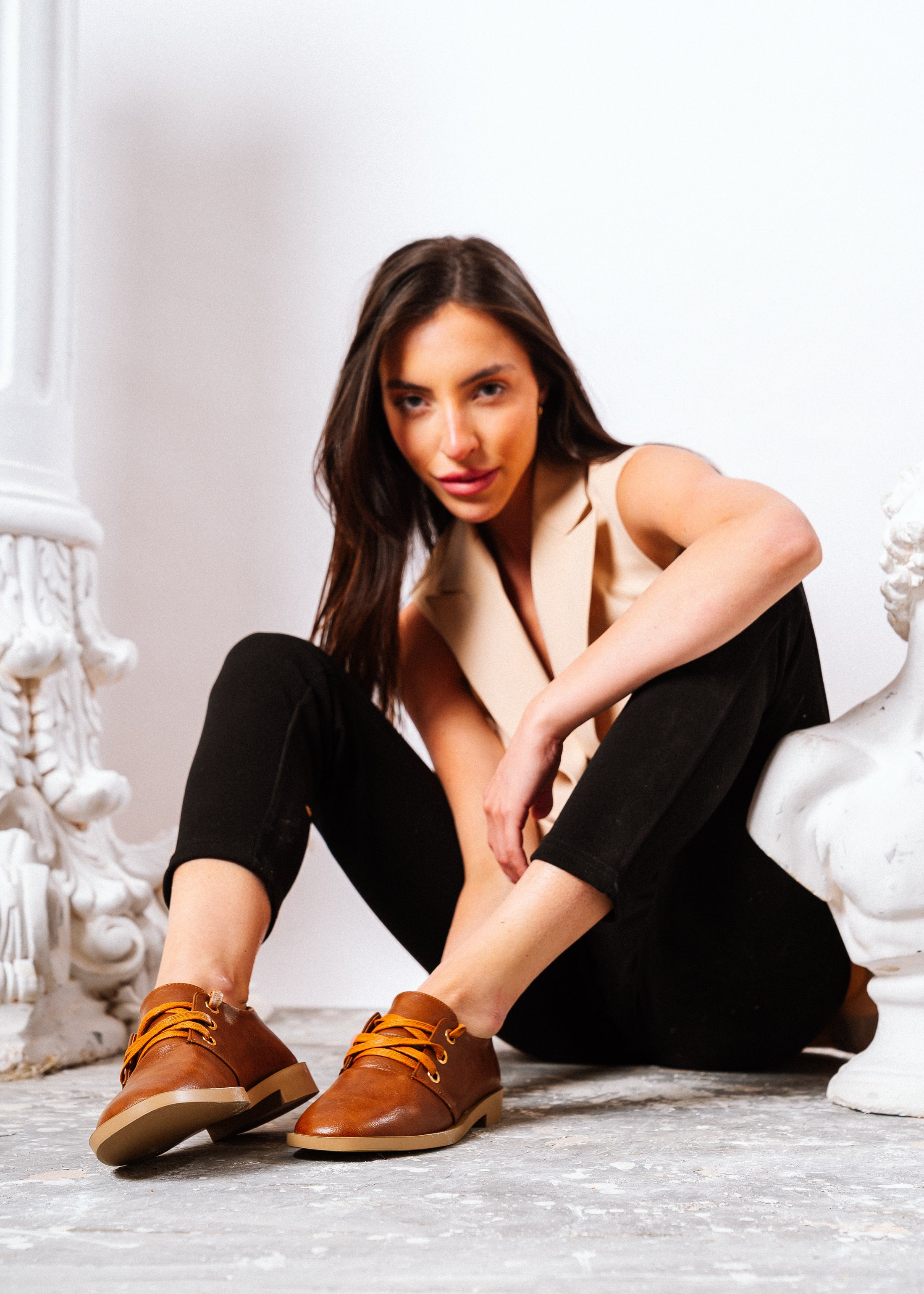 Glossy Alligator Effect Lace-Up Flat - camel