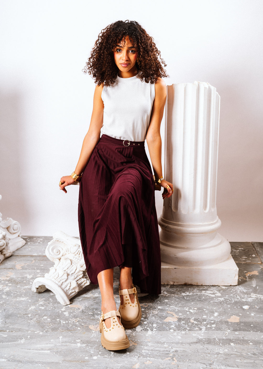 Edgy Chunky T-Strap Loafers - beige