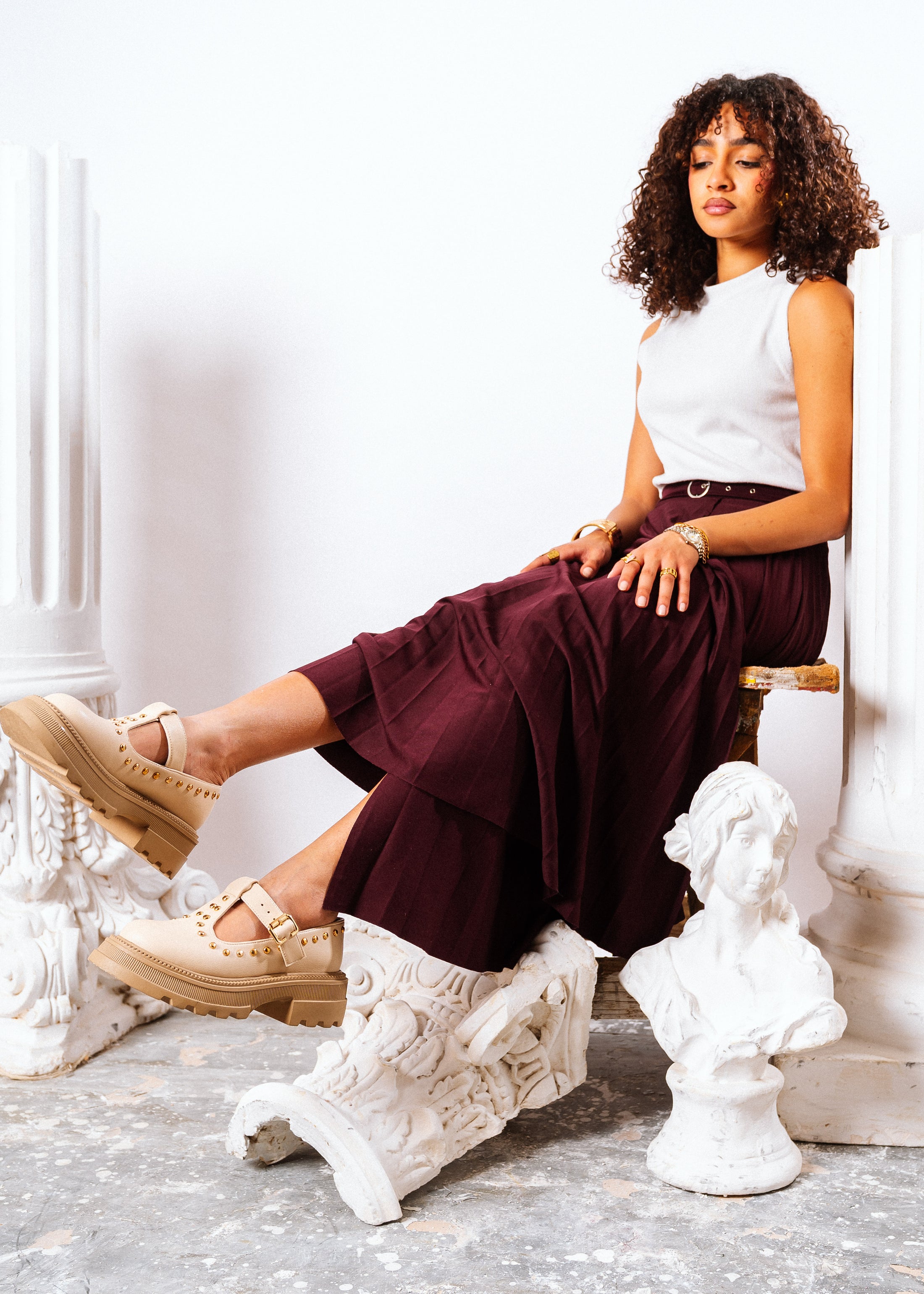 Edgy Chunky T-Strap Loafers - beige
