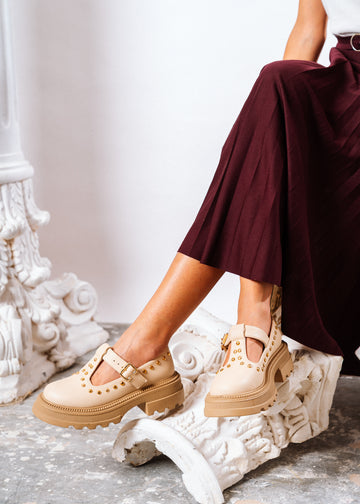 Edgy Chunky T-Strap Loafers - beige
