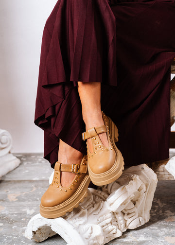 Edgy Chunky T-Strap Loafers - cafe