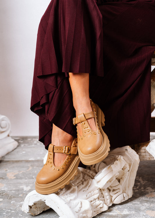 Edgy Chunky T-Strap Loafers - cafe