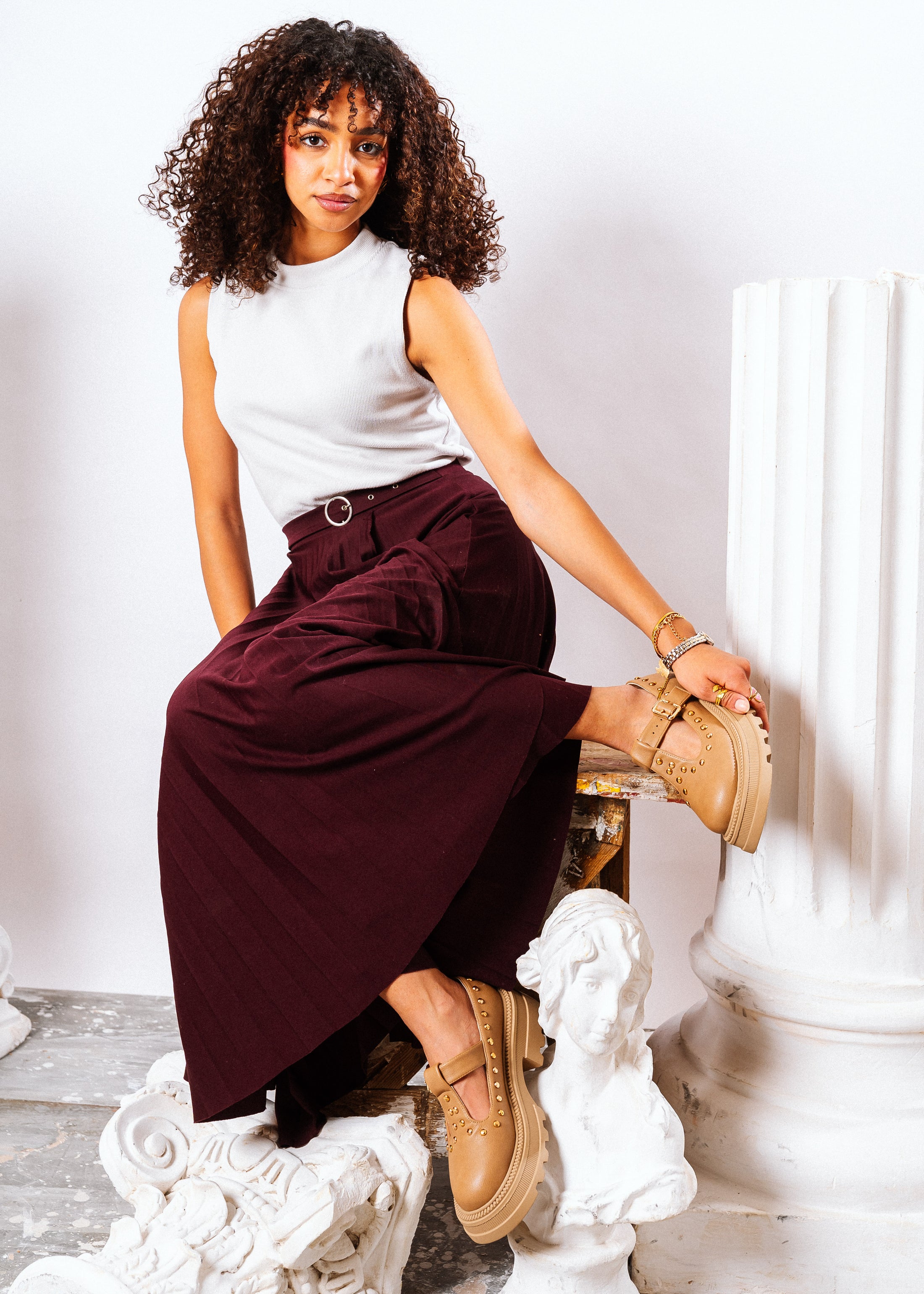 Edgy Chunky T-Strap Loafers - cafe