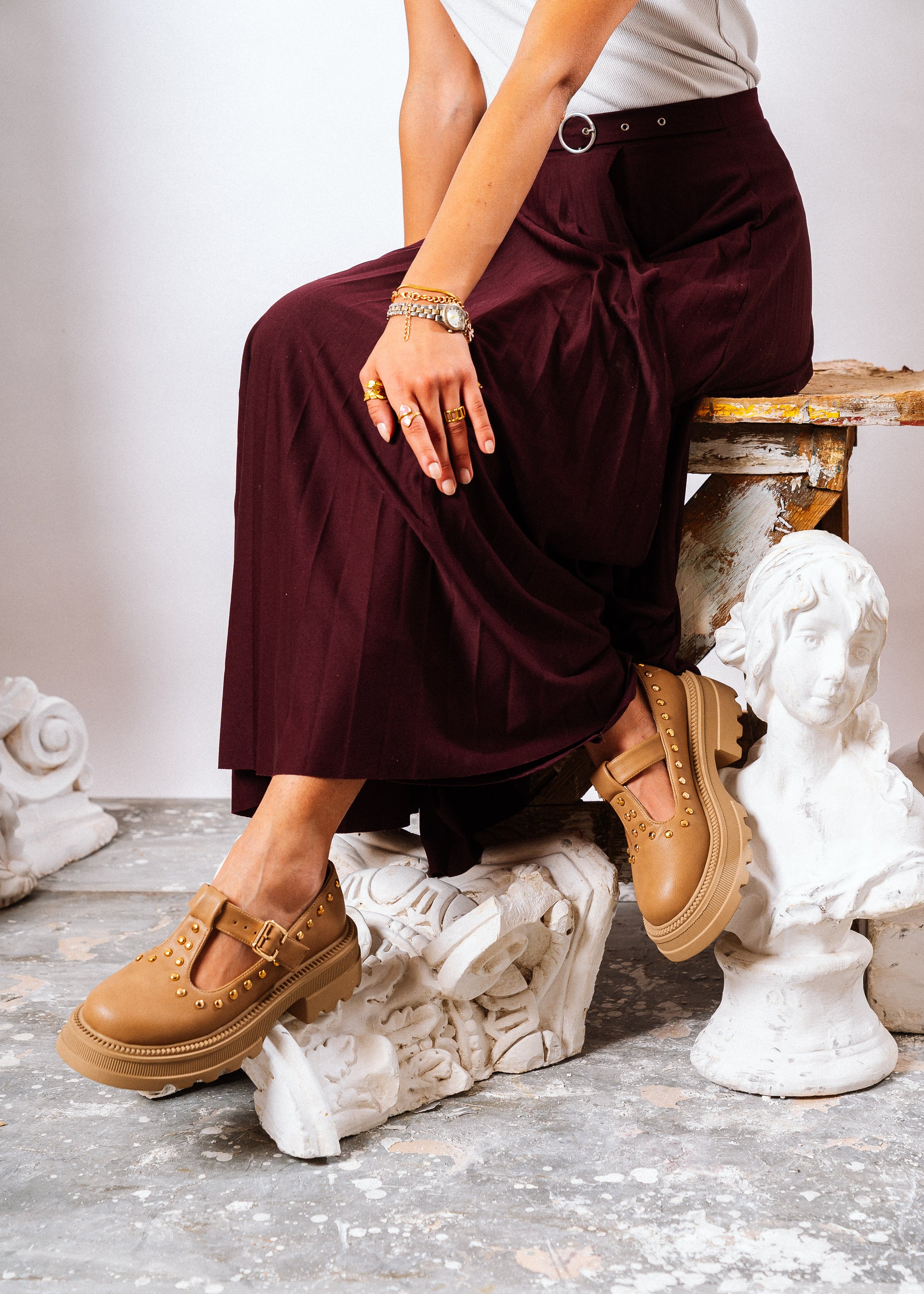 Edgy Chunky T-Strap Loafers - cafe