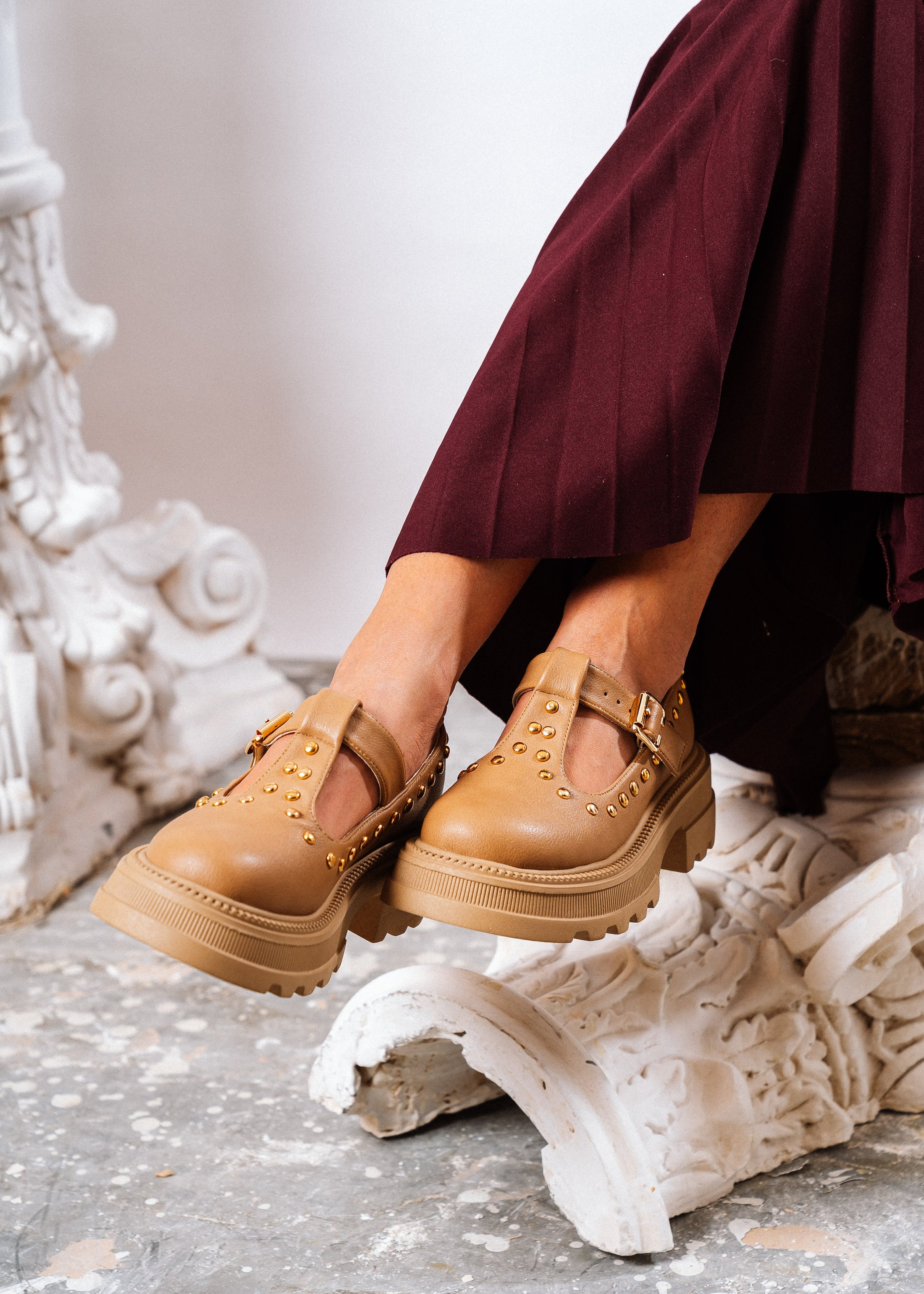 Edgy Chunky T-Strap Loafers - cafe