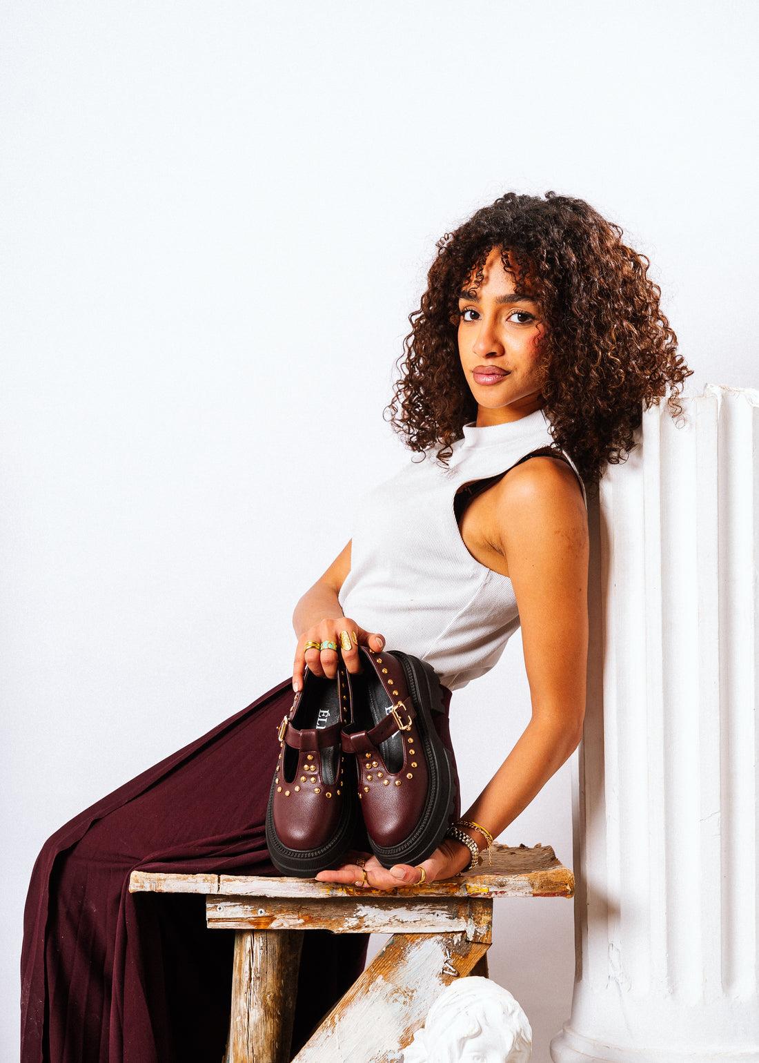 Edgy Chunky T-Strap Loafers - maroon