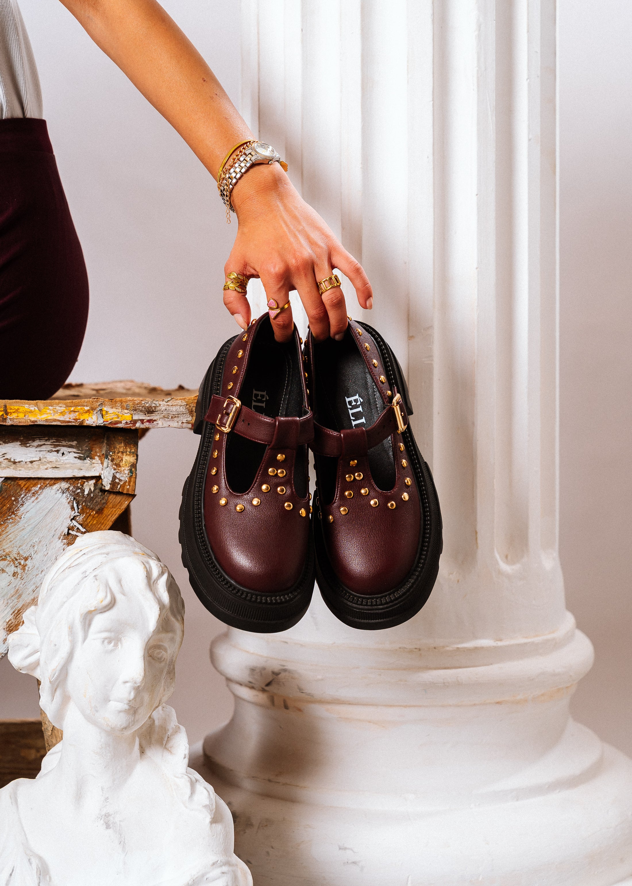 Edgy Chunky T-Strap Loafers - maroon