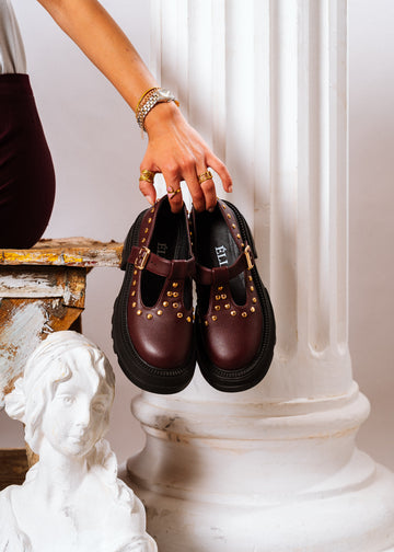 Edgy Chunky T-Strap Loafers - maroon