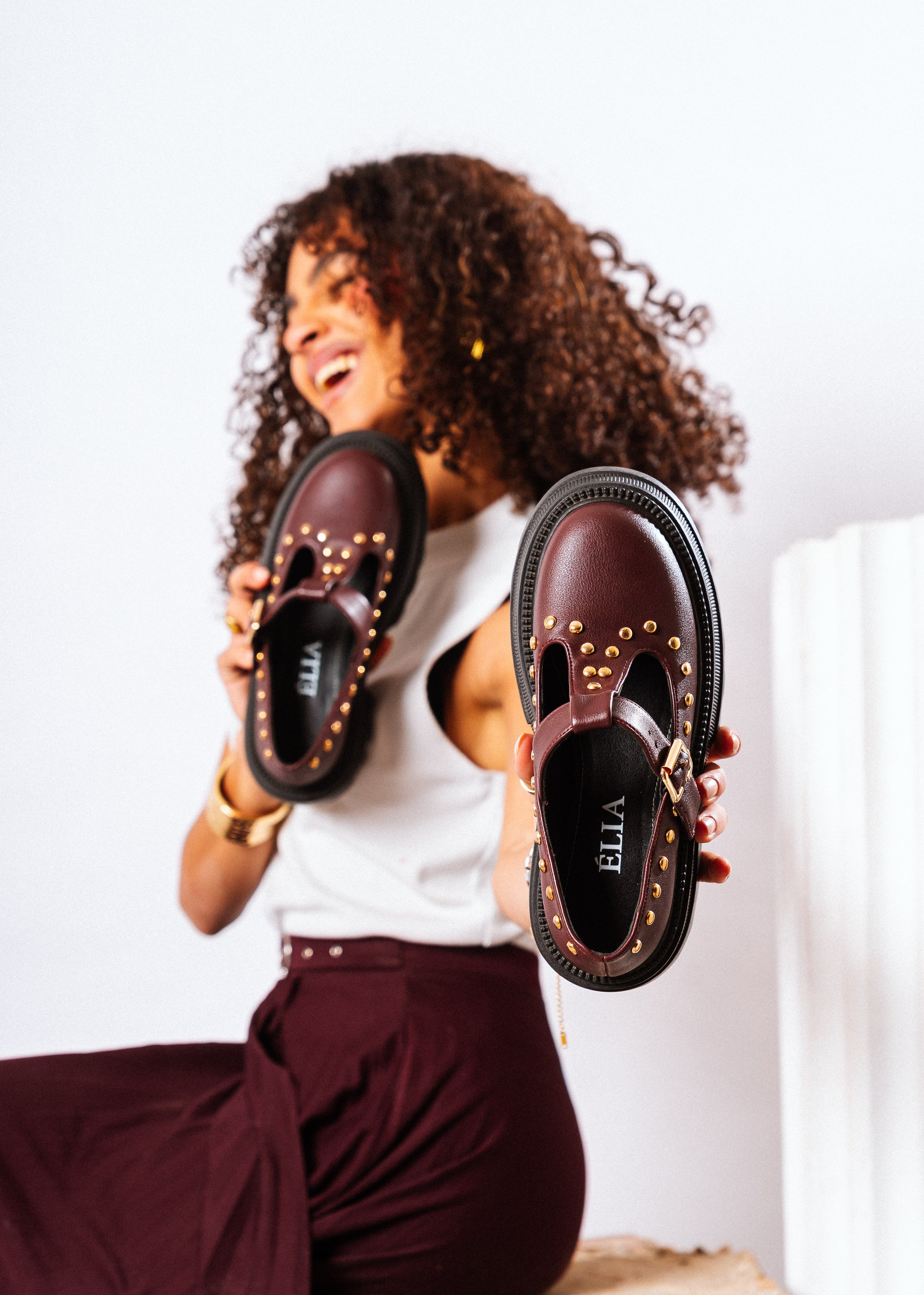 Edgy Chunky T-Strap Loafers - maroon