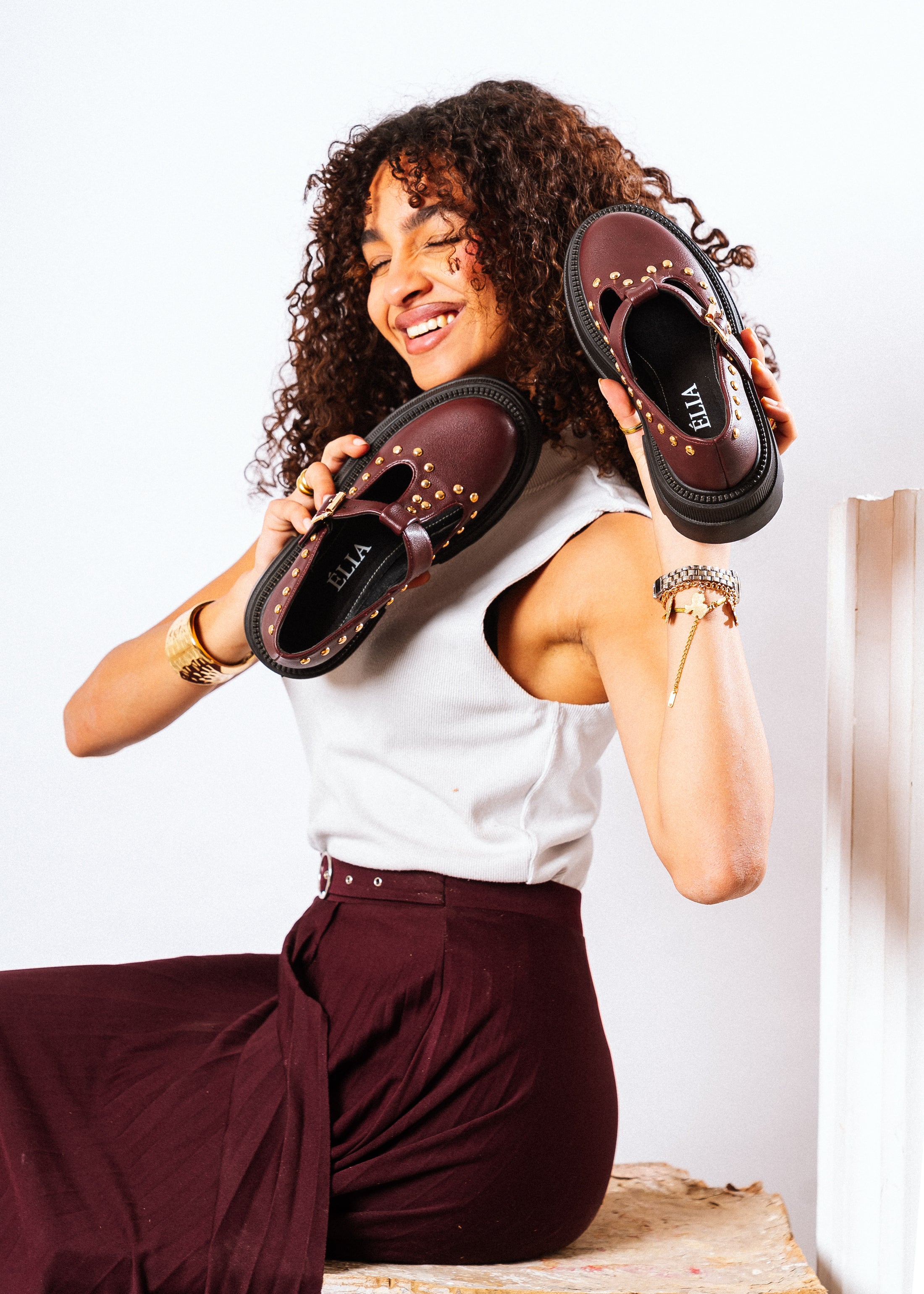 Edgy Chunky T-Strap Loafers - maroon