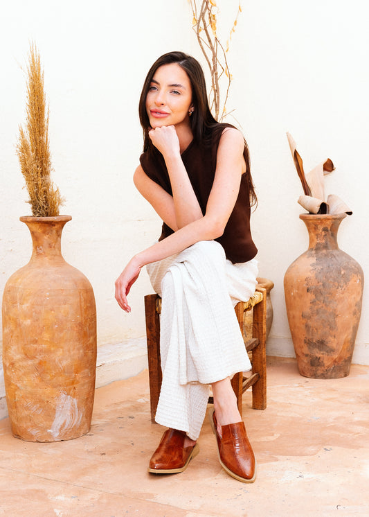 Croc-Embossed Pointed-Toe Mules - camel