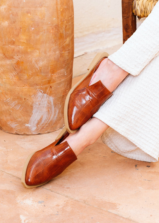 Croc-Embossed Pointed-Toe Mules - camel