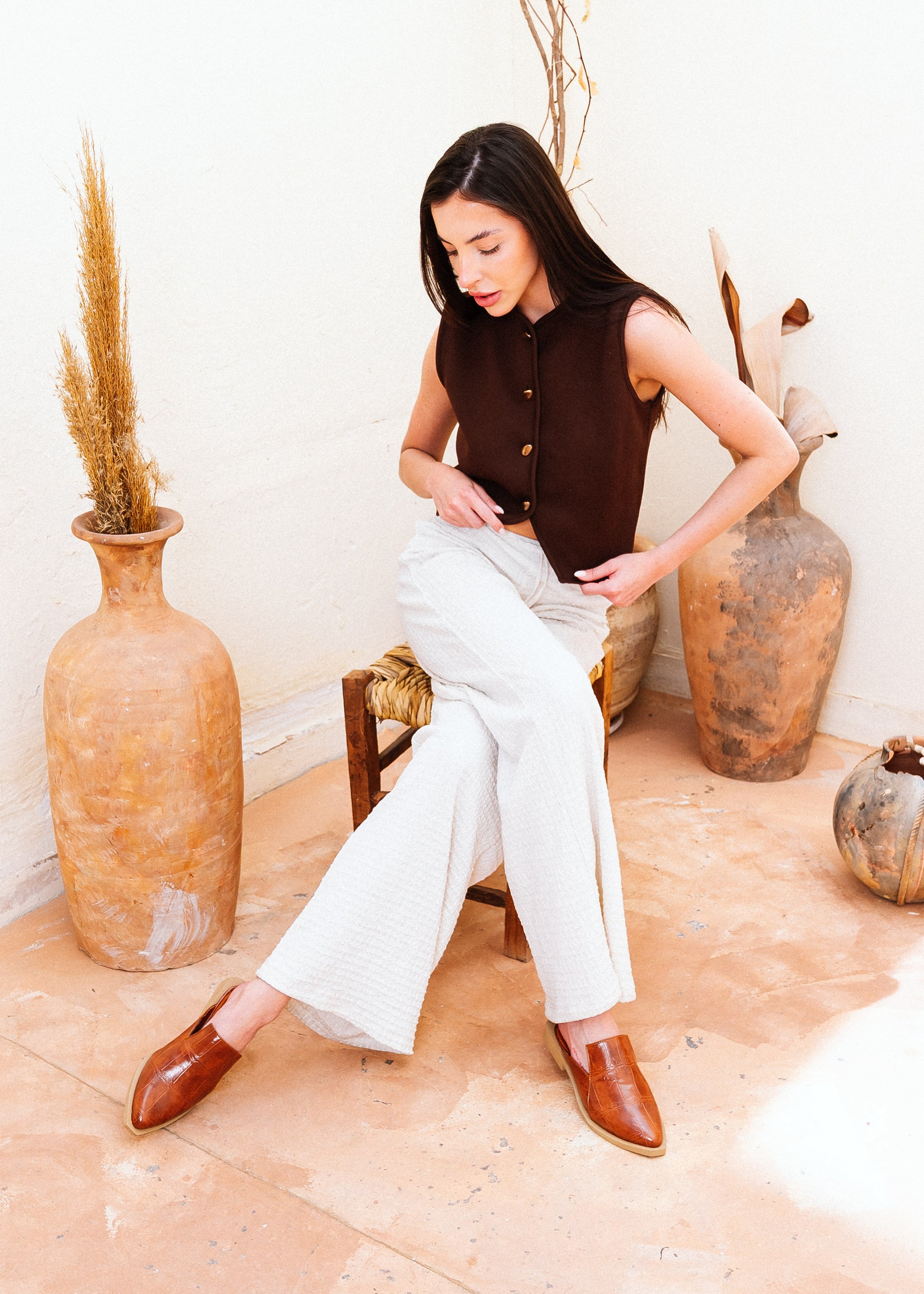 Croc-Embossed Pointed-Toe Mules - camel
