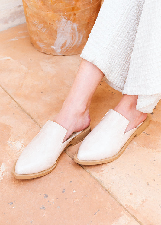Croc-Embossed Pointed-Toe Mules - beige