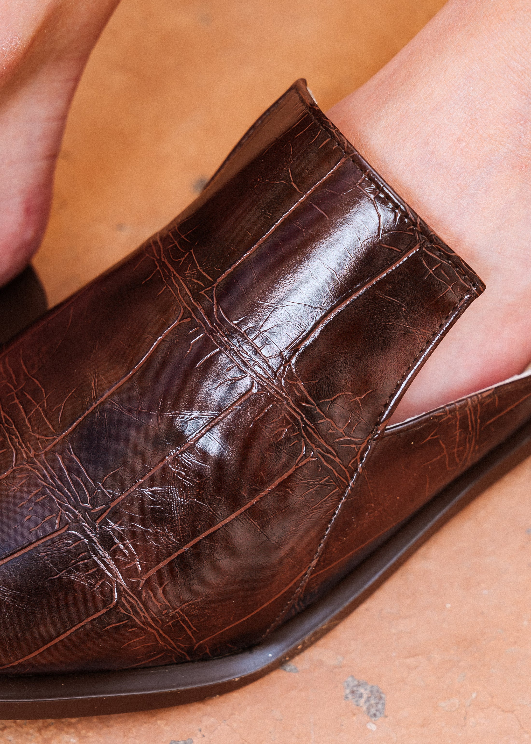 Croc-Embossed Pointed-Toe Mules - brown