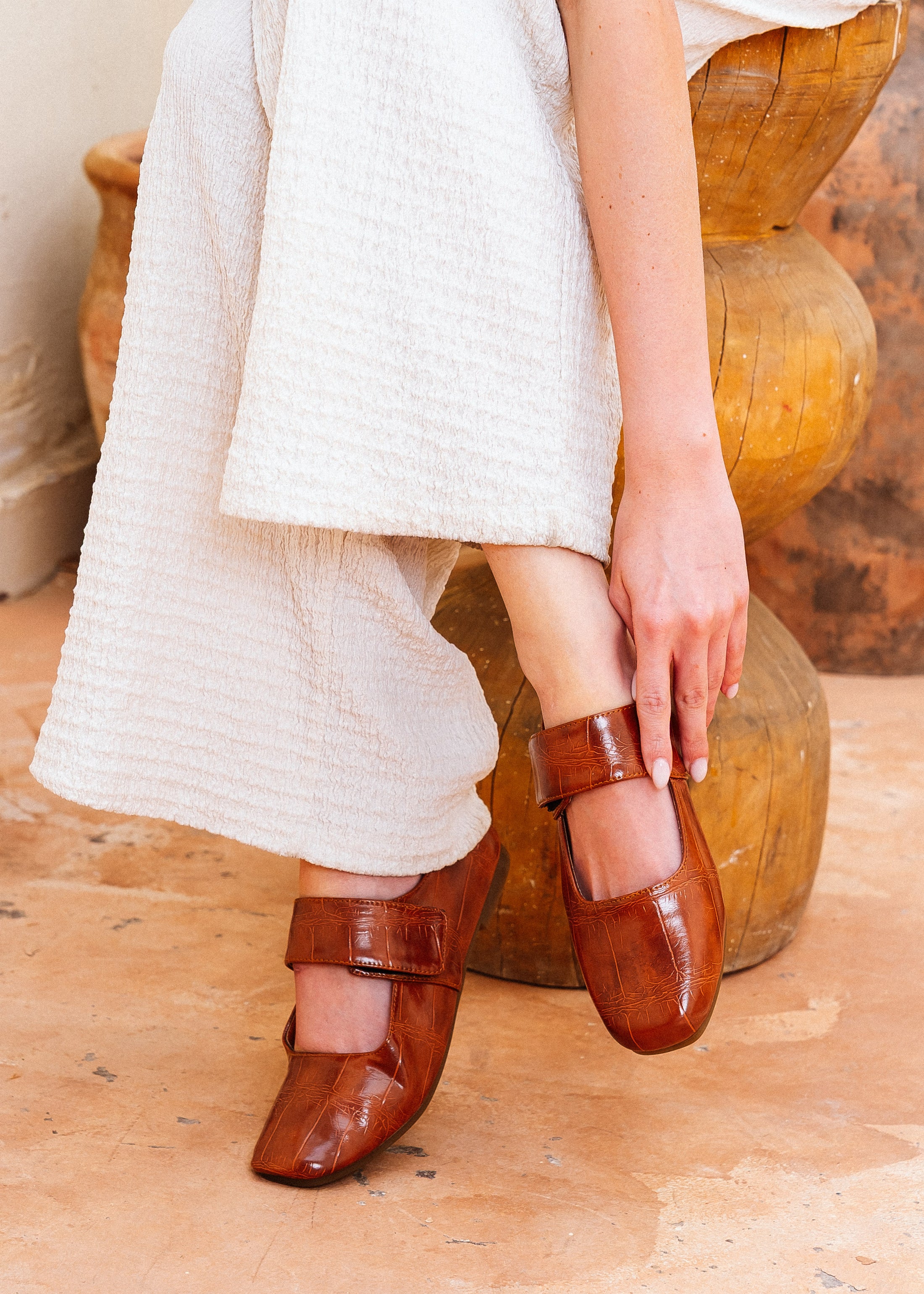 Glossy Croc-Effect Strap Flats - camel