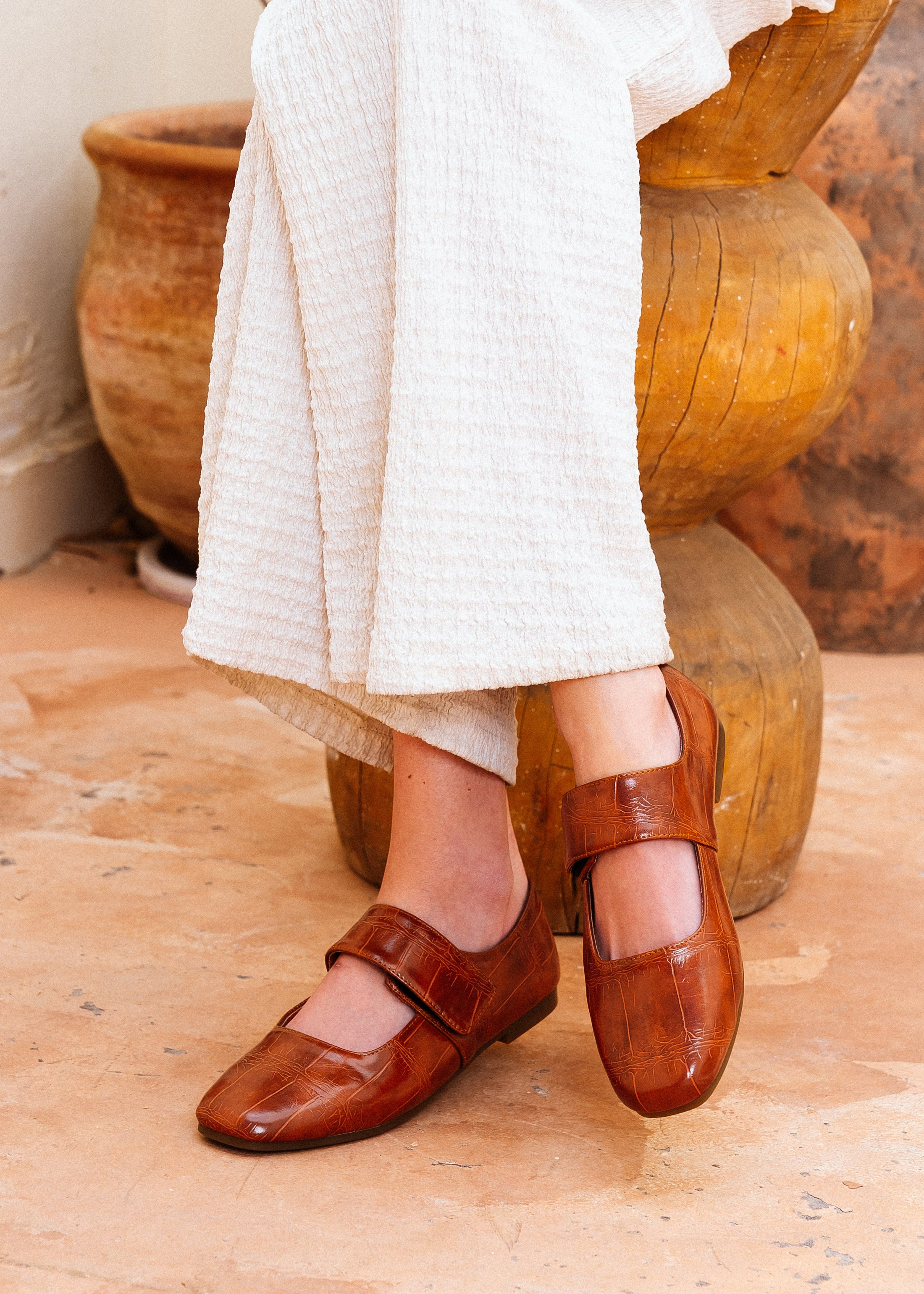 Glossy Croc-Effect Strap Flats - camel