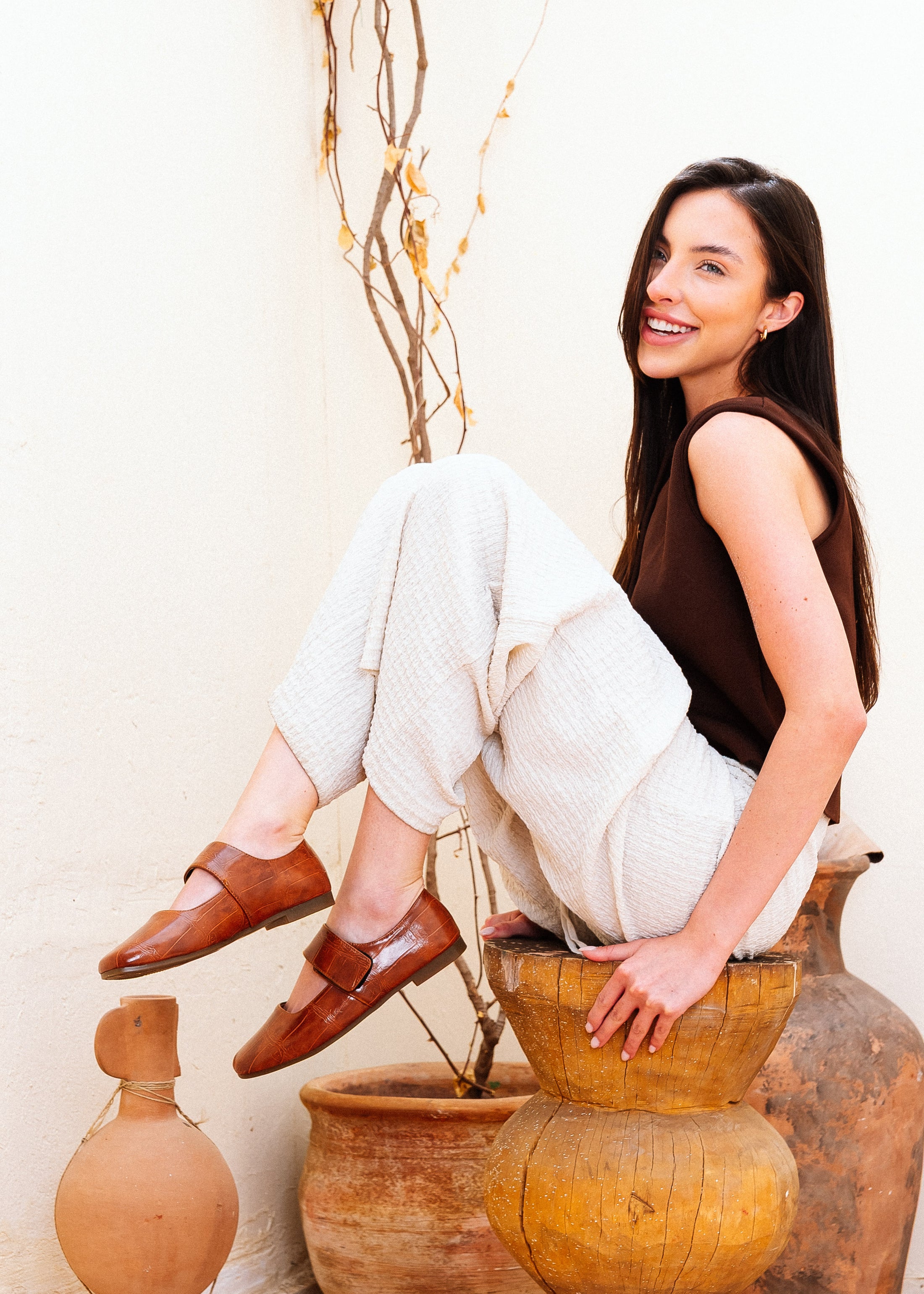 Glossy Croc-Effect Strap Flats - camel