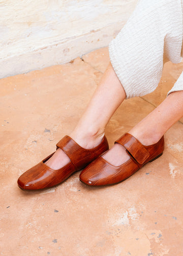 Glossy Croc-Effect Strap Flats - camel