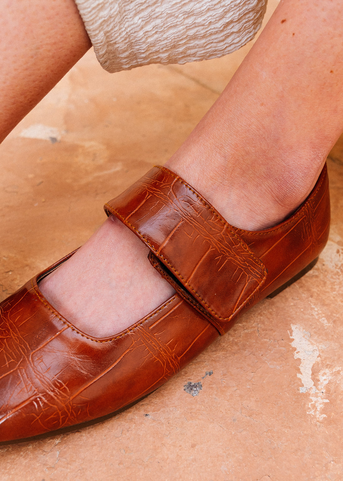 Glossy Croc-Effect Strap Flats - camel