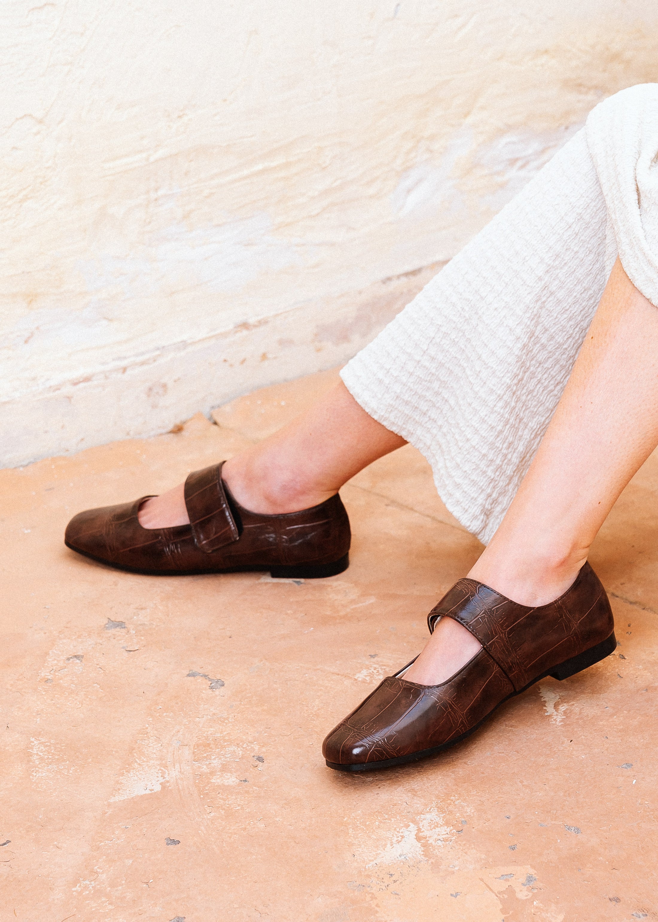 Glossy Croc-Effect Strap Flats - brown