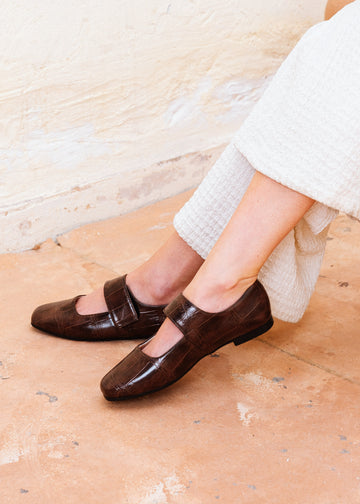Glossy Croc-Effect Strap Flats - brown
