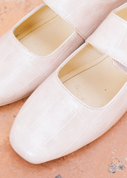 Glossy Croc-Effect Strap Flats - beige