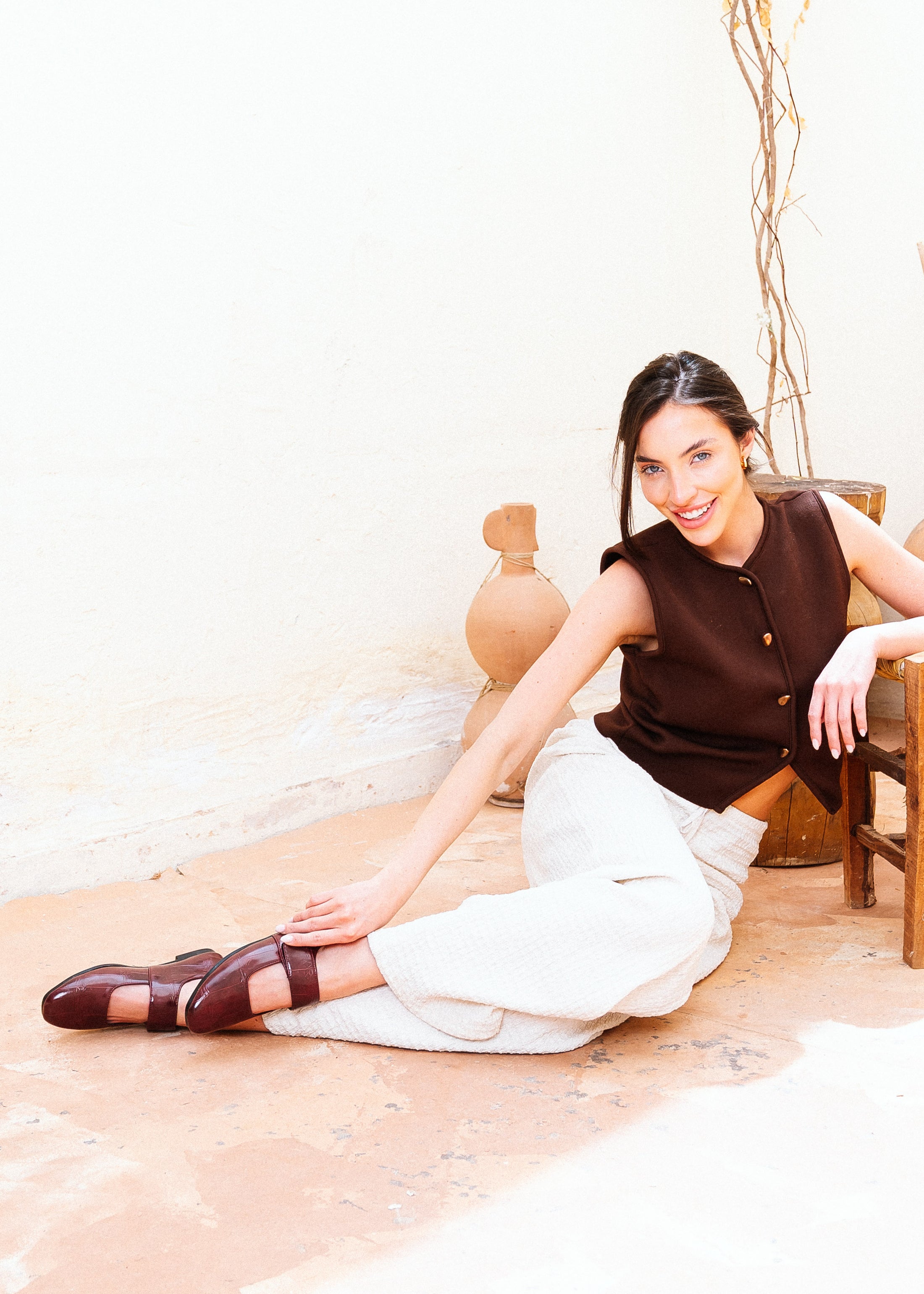 Glossy Croc-Effect Strap Flats - maroon