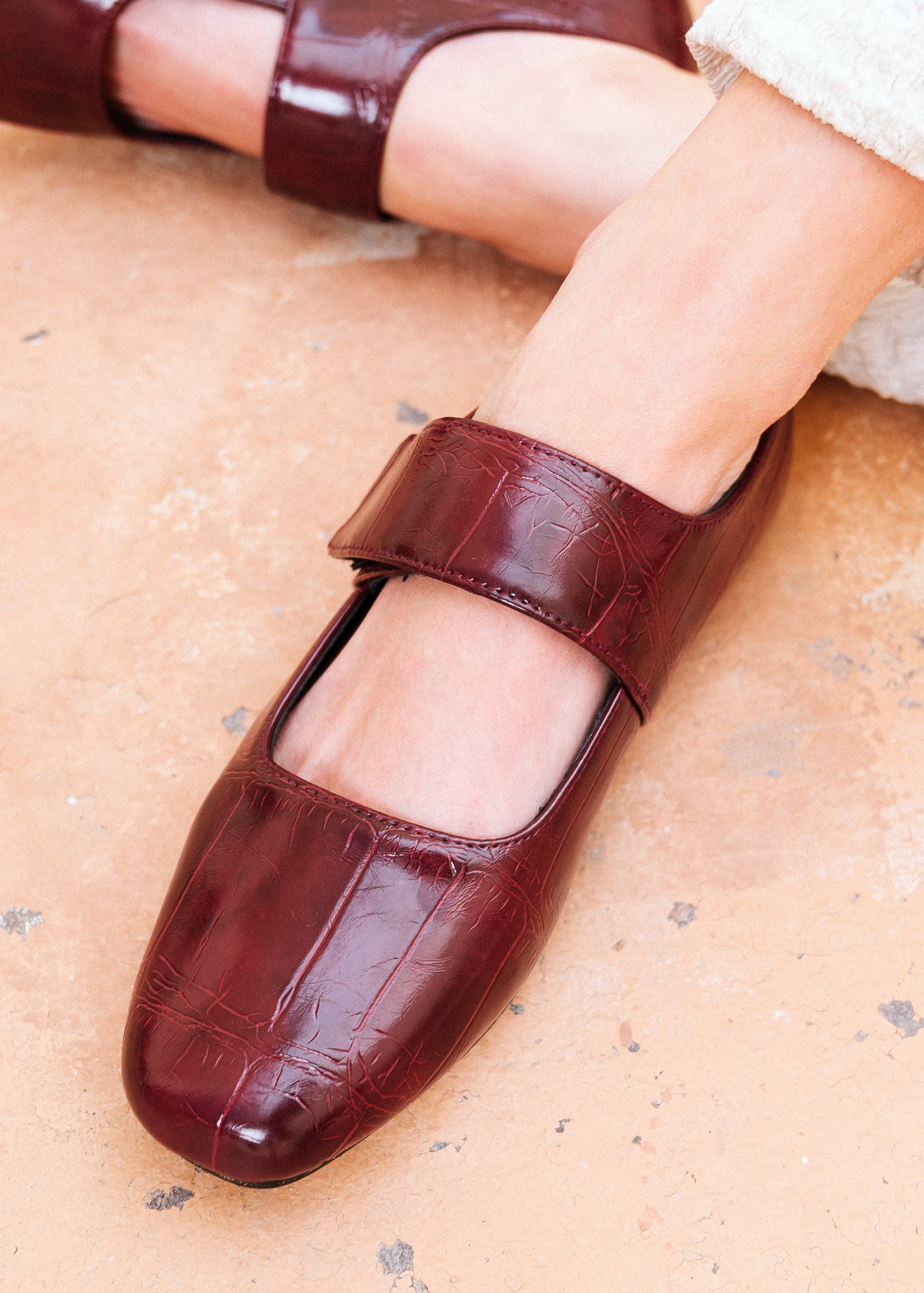 Glossy Croc-Effect Strap Flats - maroon