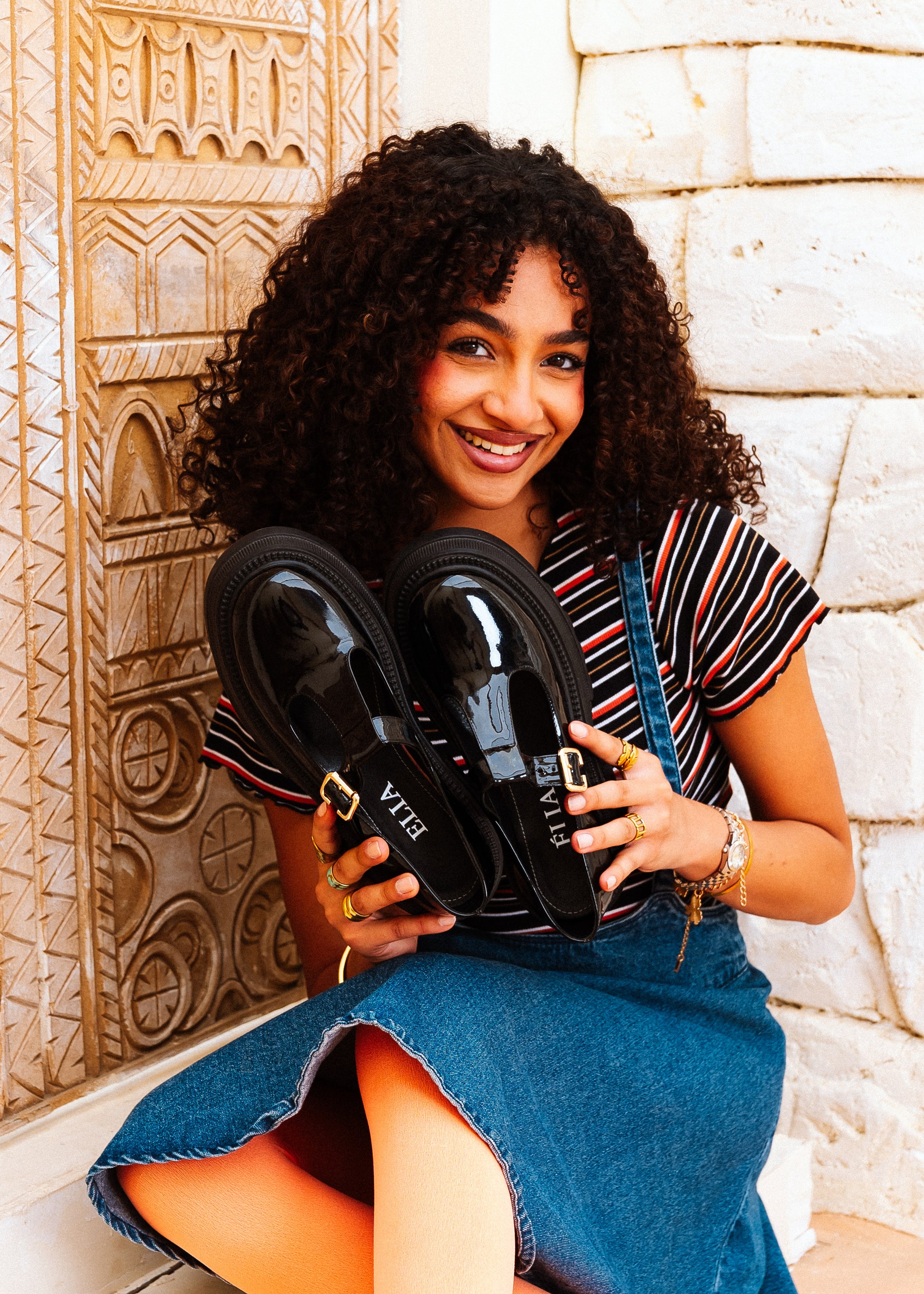 Glossy T-Strap Chunky Mary Loafers - black