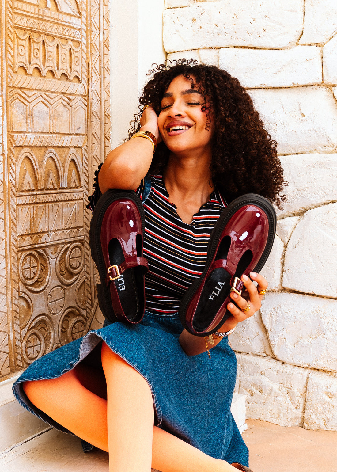 Glossy T-Strap Chunky Mary Loafers - maroon