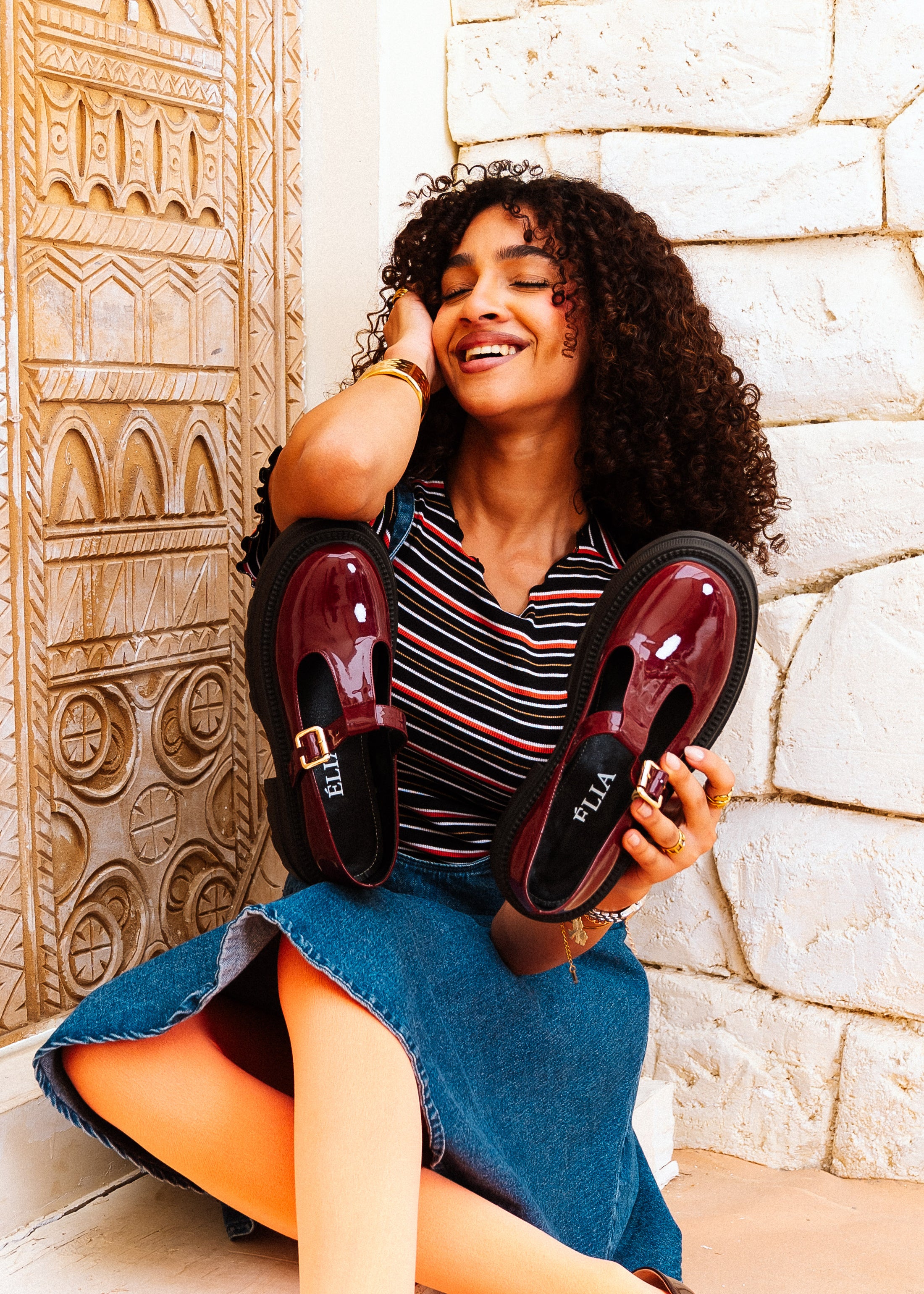 Glossy T-Strap Chunky Mary Loafers - maroon
