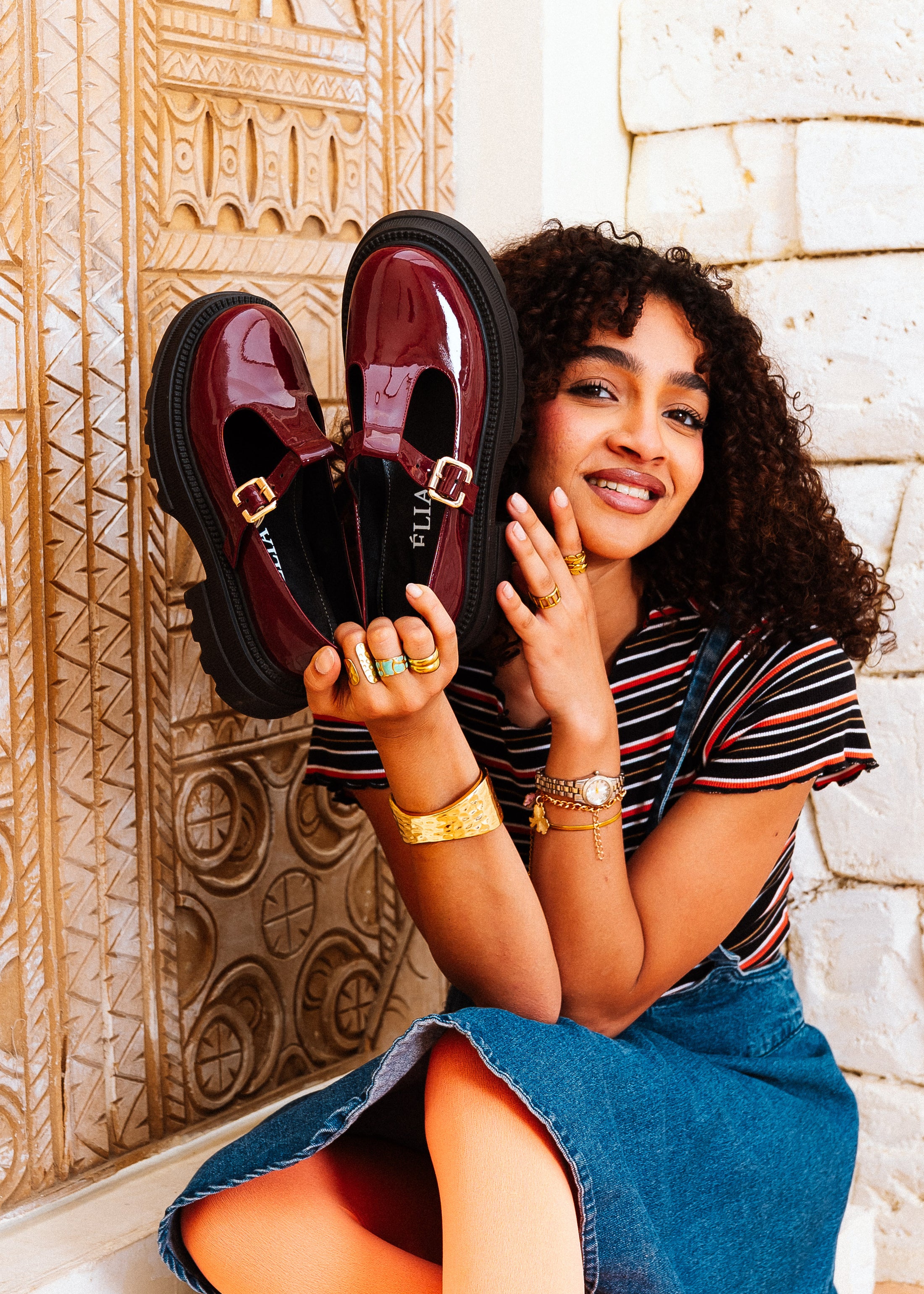 Glossy T-Strap Chunky Mary Loafers - maroon