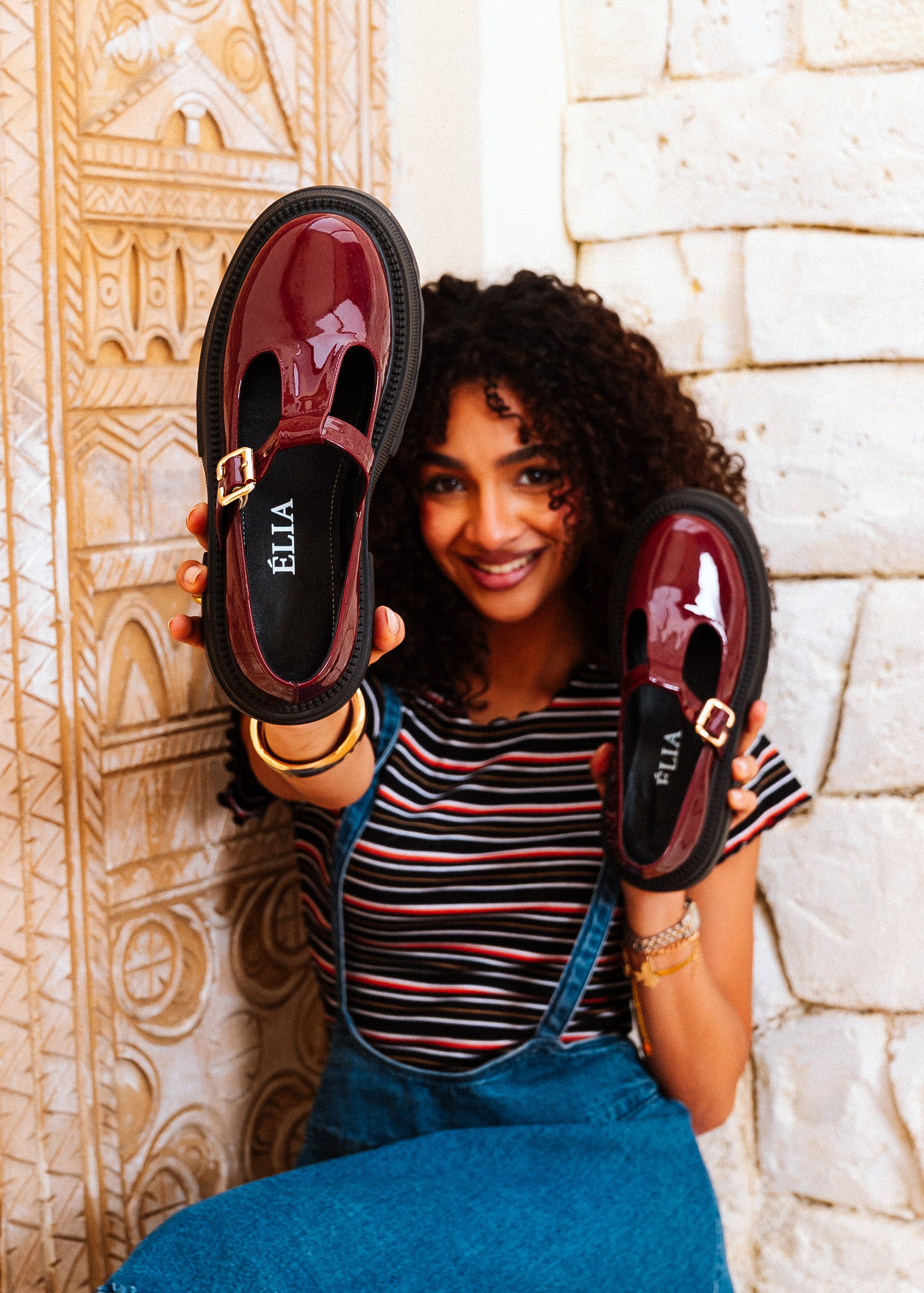 Glossy T-Strap Chunky Mary Loafers - maroon