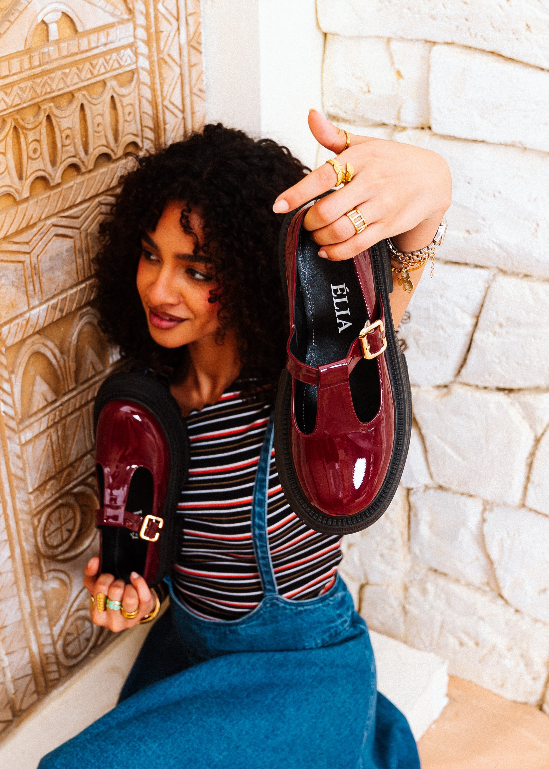 Glossy T-Strap Chunky Mary Loafers - maroon