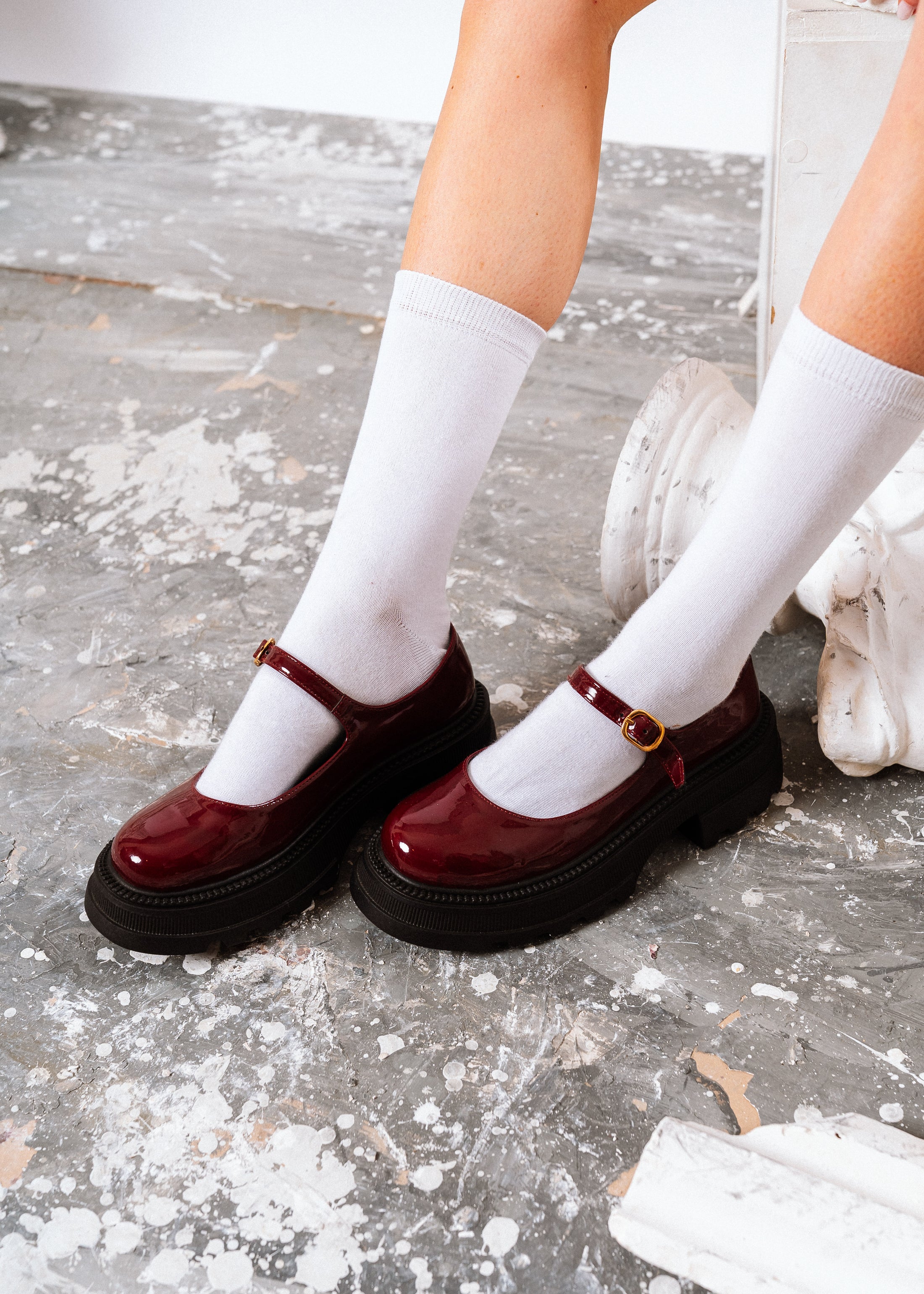 Modern Glossy Lug-Sole Loafers - maroon