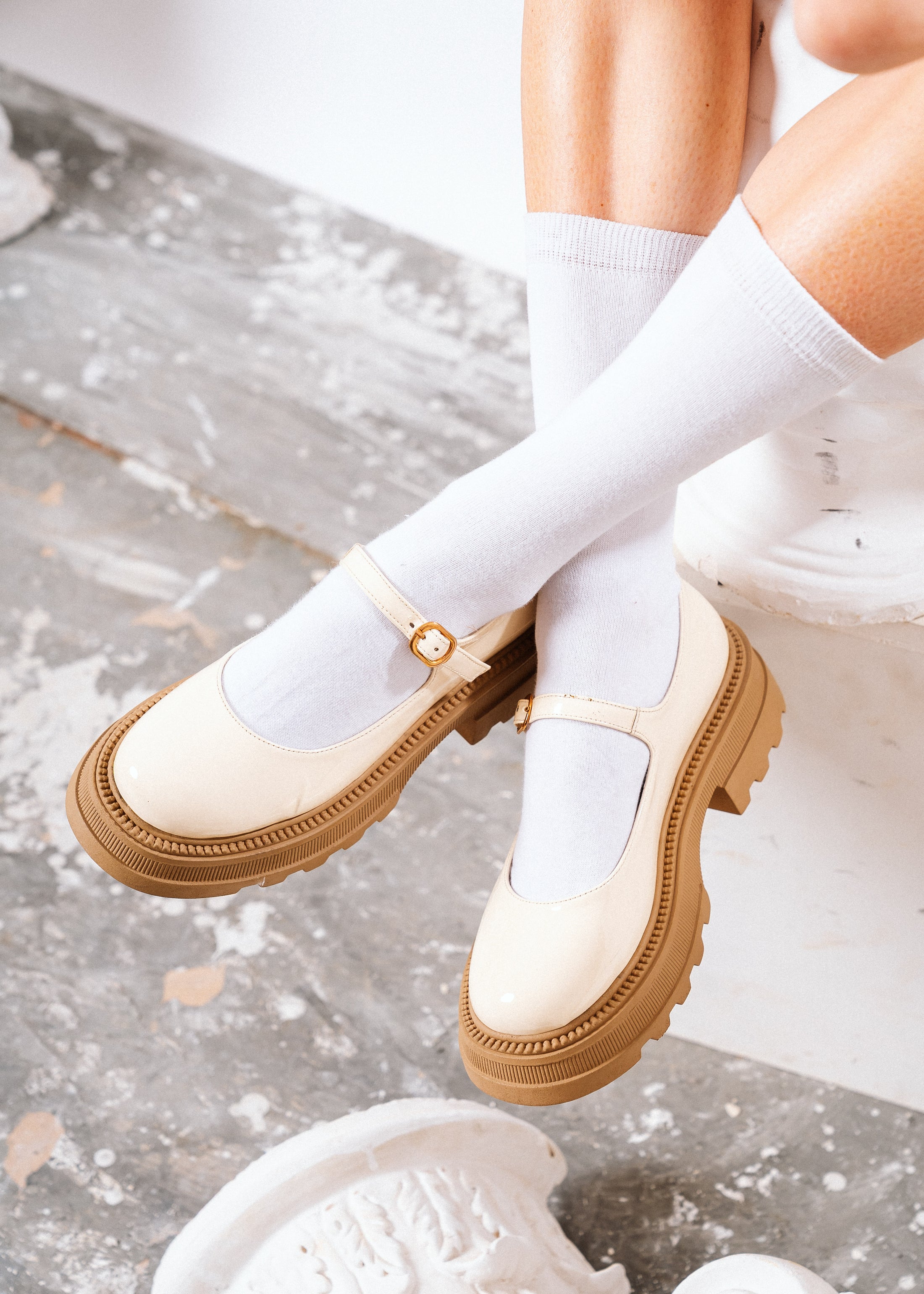 Modern Glossy Lug-Sole Loafers - beige